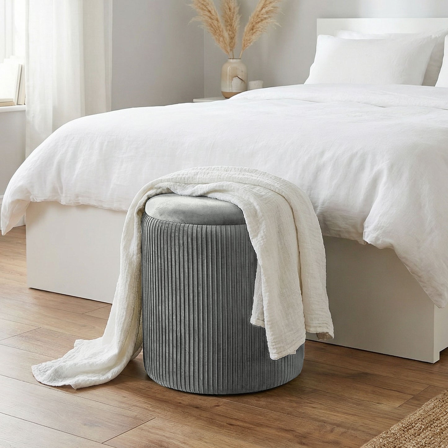 HOMCOM Velvet Round Storage Ottoman Foot Stool 45 cm Grey for Living Room and Bedroom