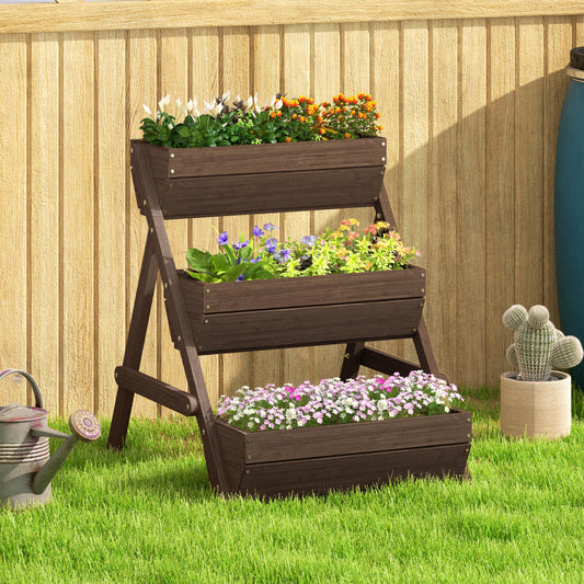Outsunny 3 Tier Raised Garden Bed Wooden Elevated Planter Box Kit 66L for Flowers Vegetables Herbs Tan 65x75x78cm