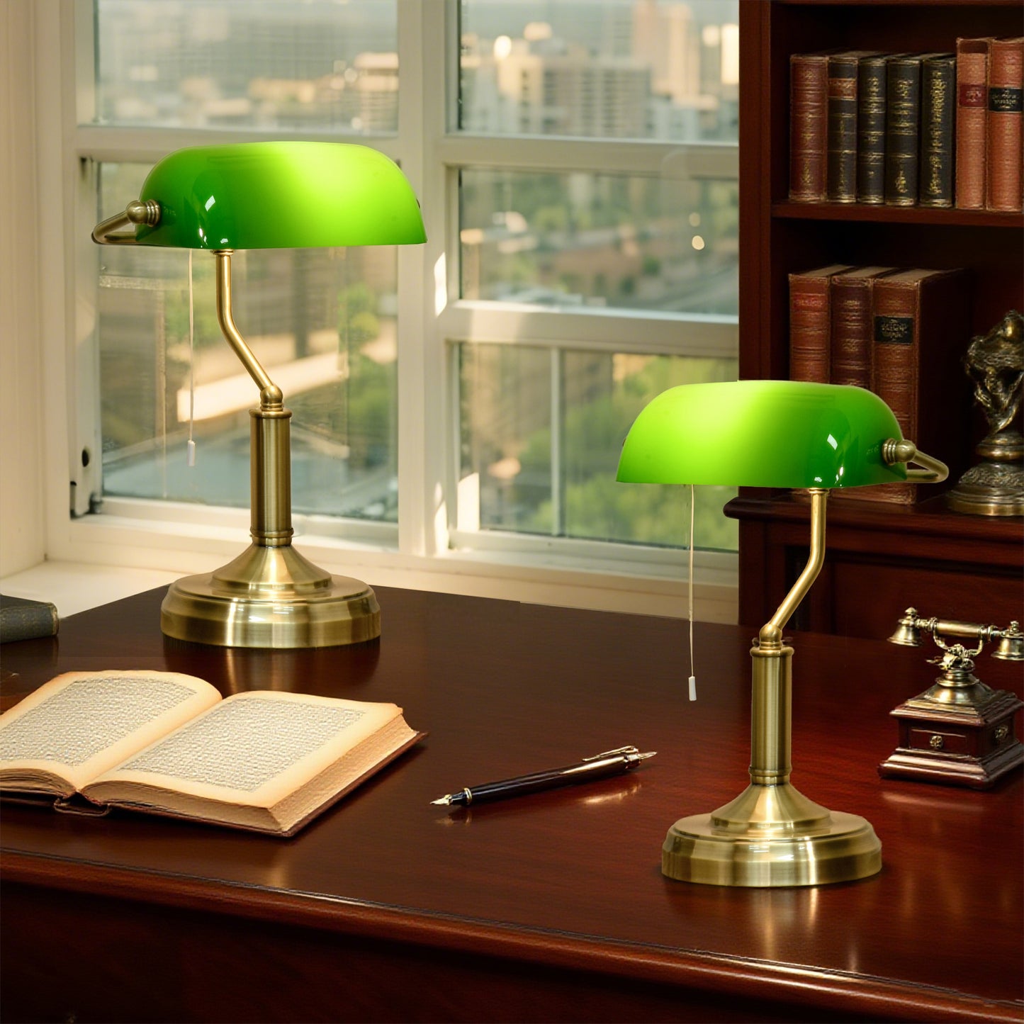 HOMCOM Bankers Table Lamps Set Of 2 With Bronze Base And Green Glass Shades Pull Rope Switch For Living Room