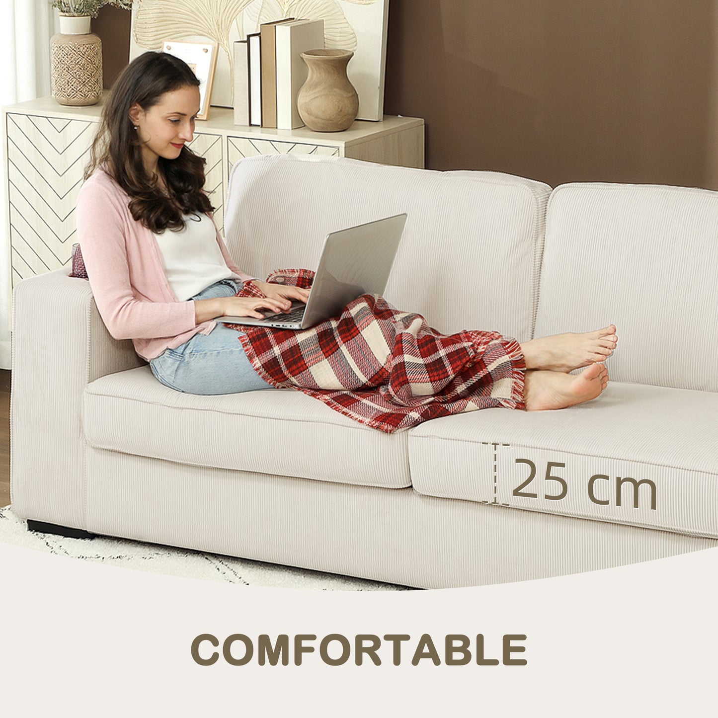 HOMCOM Three Seater Corduroy Sofa Cream White With High Density Foam Cushions And Spring Pack For Everyday Comfort