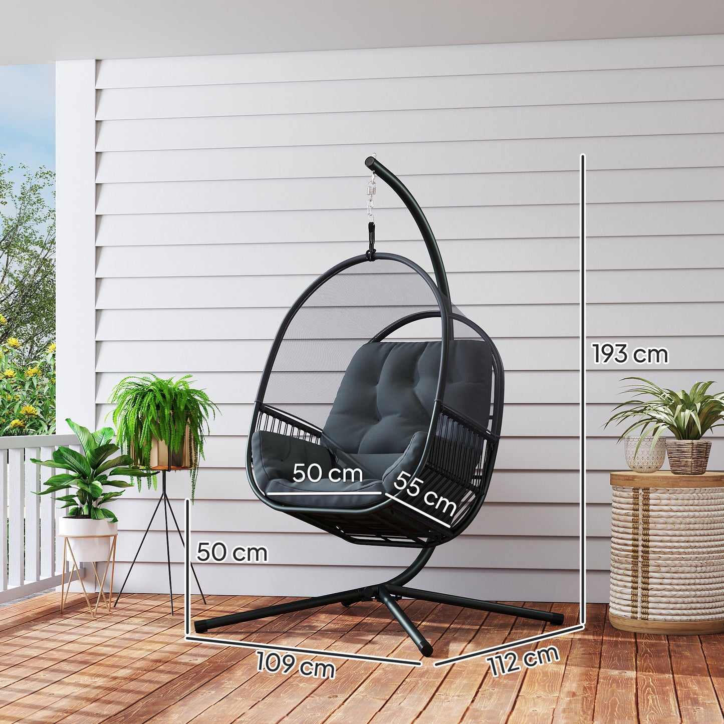 Outsunny Hanging Egg Chair With Cushion For Outdoor Relaxation In Dark Grey With Powder Coated Steel Frame X Leg Design