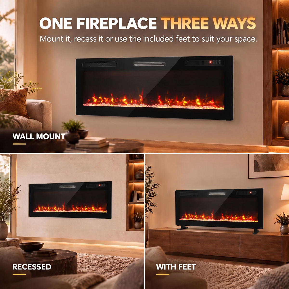 Electric fireplace shown for wall mount, recessed, and feet installation options
