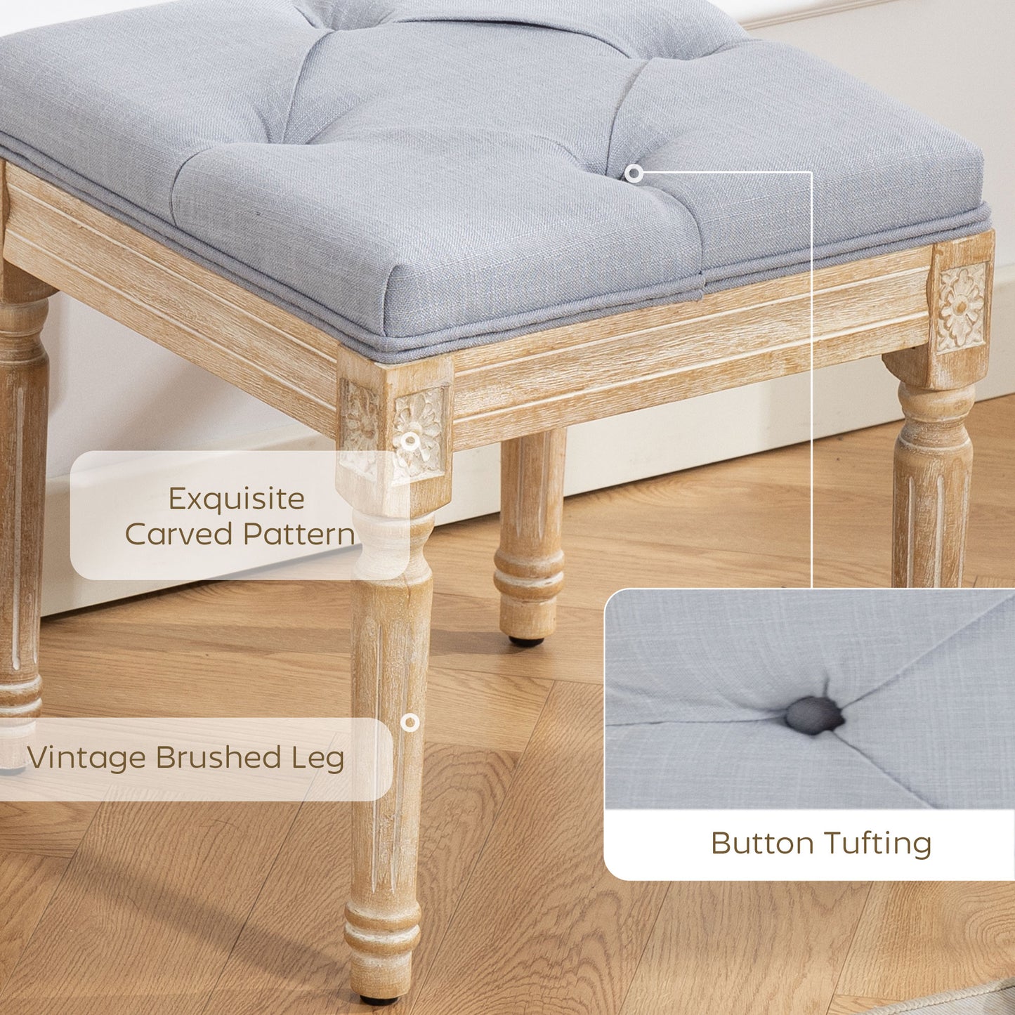 HOMCOM Vintage Foot Stool With Tufted Square Seat And Wood Legs In Light Grey Soft Cushioned Comfort