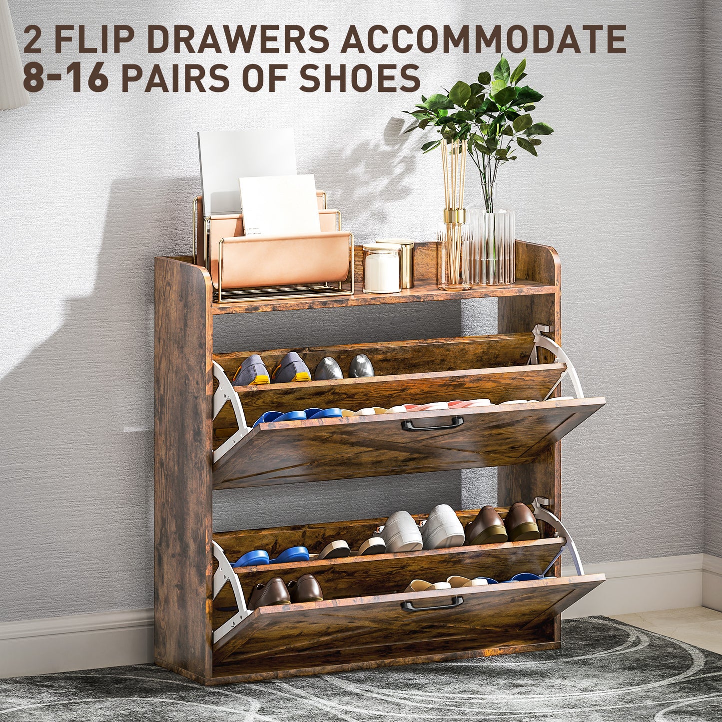 HOMCOM Narrow Shoe Cabinet With Two Flip Drawers And Adjustable Shelves Rustic Brown For Organization Up To 16 Pairs