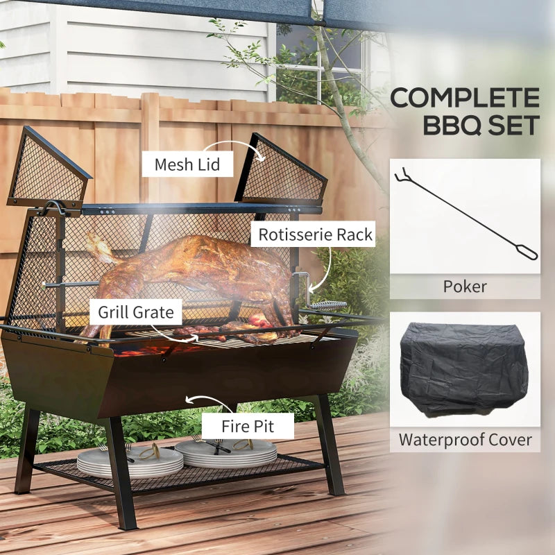 Outsunny 3-in-1 Barbecue Grill, Rotisserie Roaster, Fire Pit Combo with Cover - Versatile Outdoor Cooking Solution for Grilling, Roasting, and Relaxing