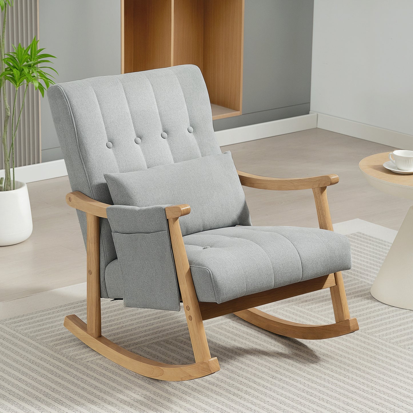 HOMCOM Wood Frame Rocking Accent Chair in Light Grey with Padded Seat and Back and Armrest