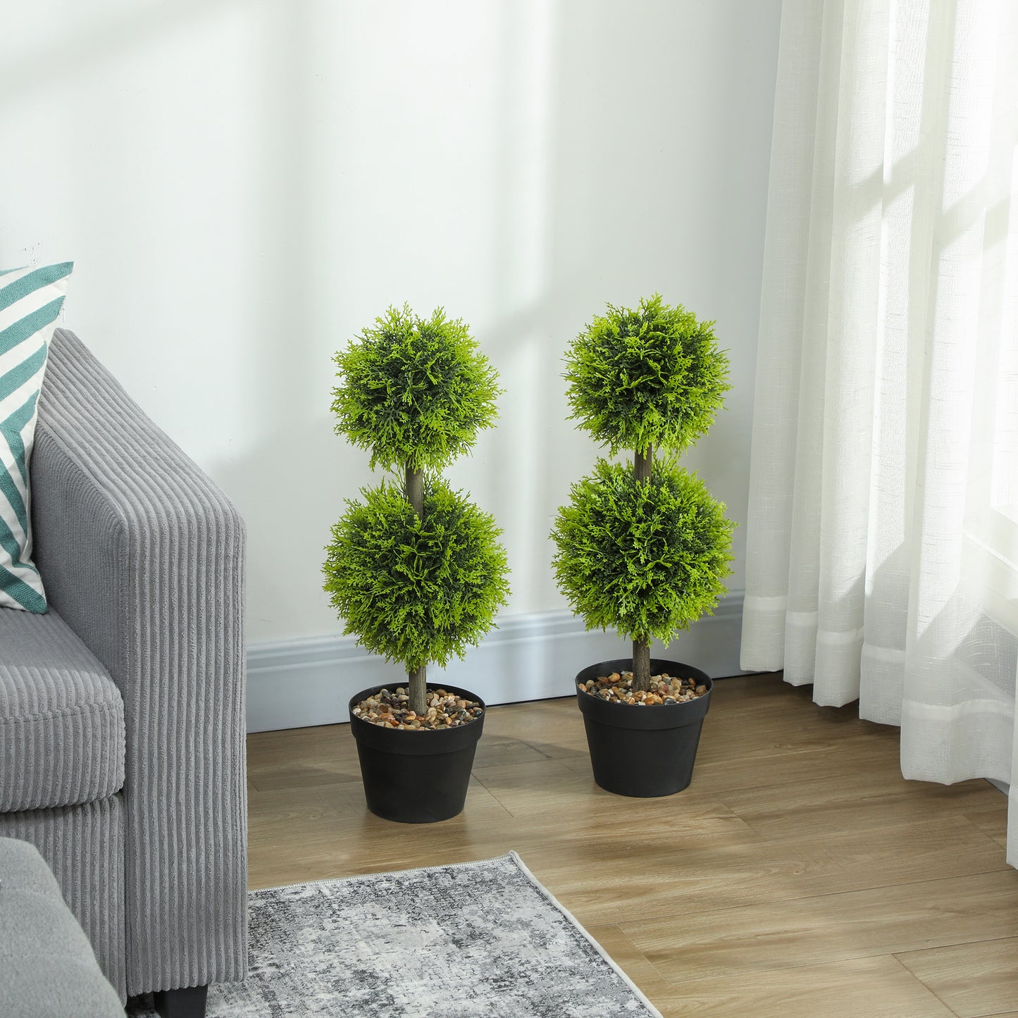 HOMCOM Set Of 2 Decorative Artificial Topiary Ball Boxwood Trees In Pots UV Protected For Indoor And Outdoor Decor 60cm