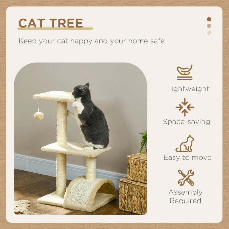 PawHut 72cm Cat Tree with Scratching Post and Pad for Indoor Cats - Cream White - ALL4U RETAILER LTD