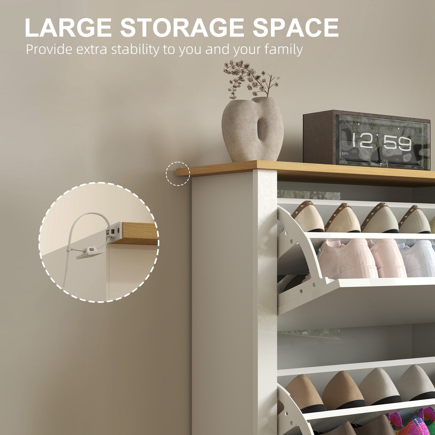 HOMCOM Slim Shoe Cabinet Narrow Cupboard With 2 Flip Drawers Adjustable Shelves For 12 Pairs High Gloss White