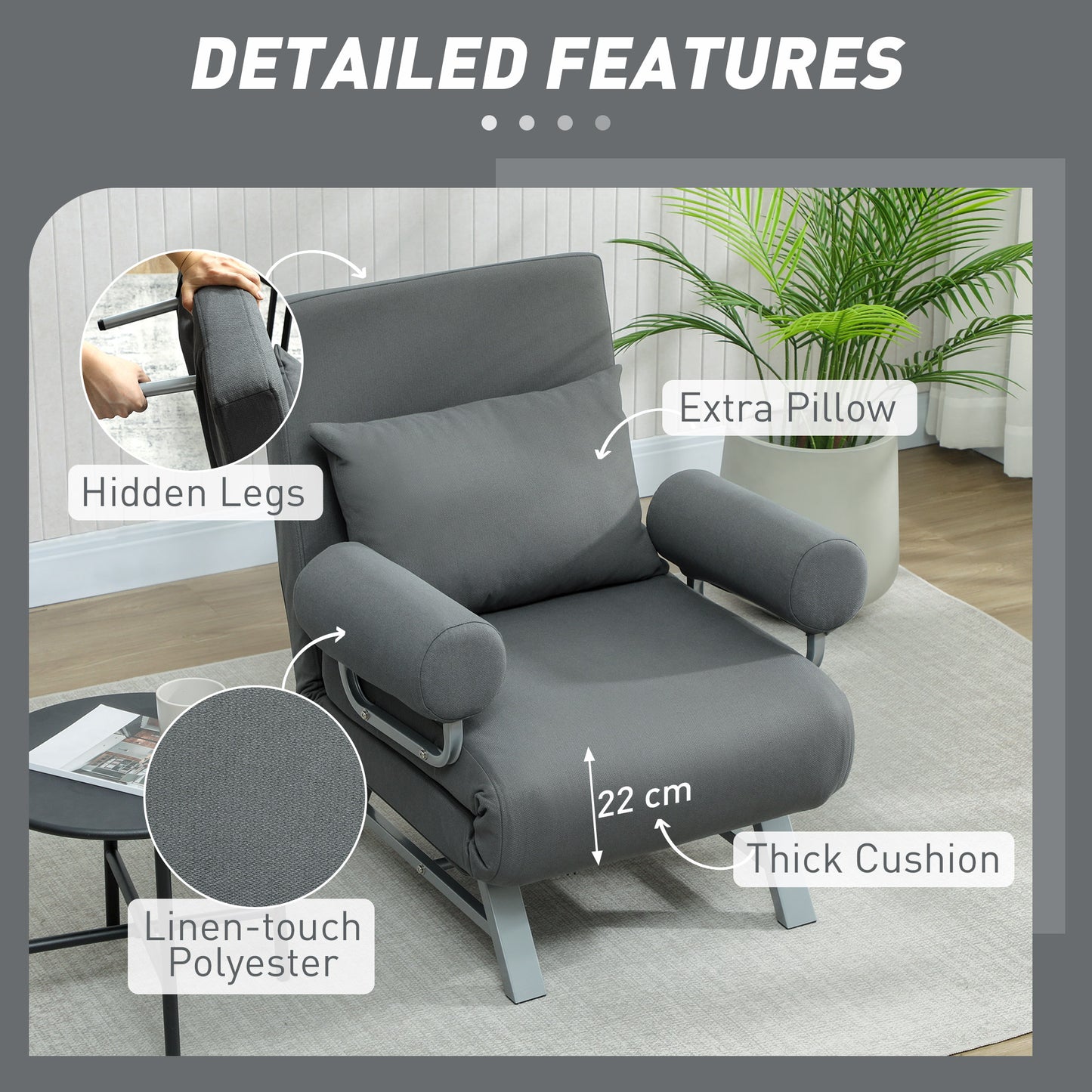 HOMCOM Three in One Sofa Bed with Adjustable Backrest Removable Armrests Dark Grey