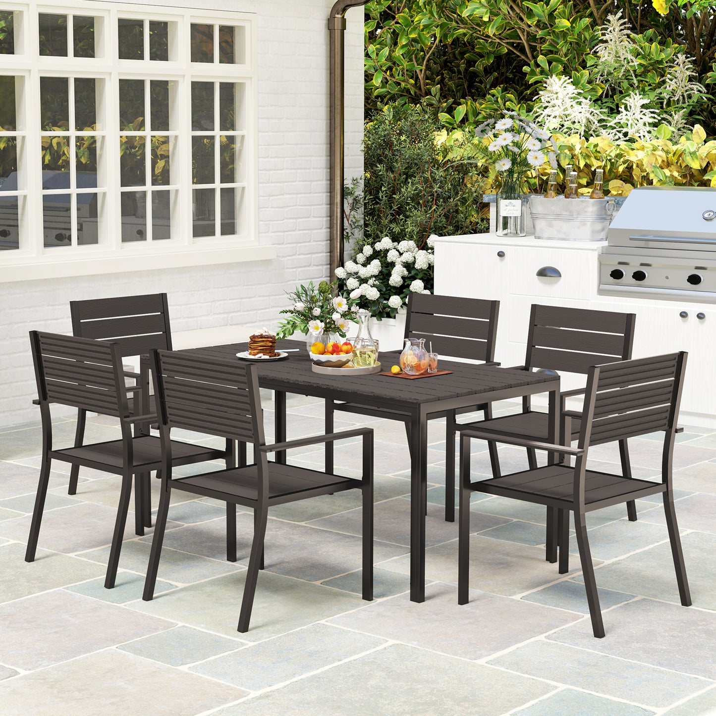 Outsunny Seven Piece Outdoor Dining Set With Six Stackable Chairs Brown For Patio And Garden Slatted Plastic Table