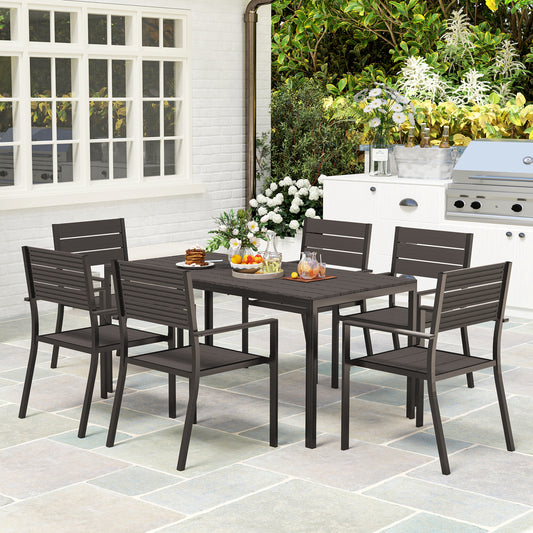 Outsunny Seven Piece Outdoor Dining Set With Six Stackable Chairs Brown For Patio And Garden Slatted Plastic Table