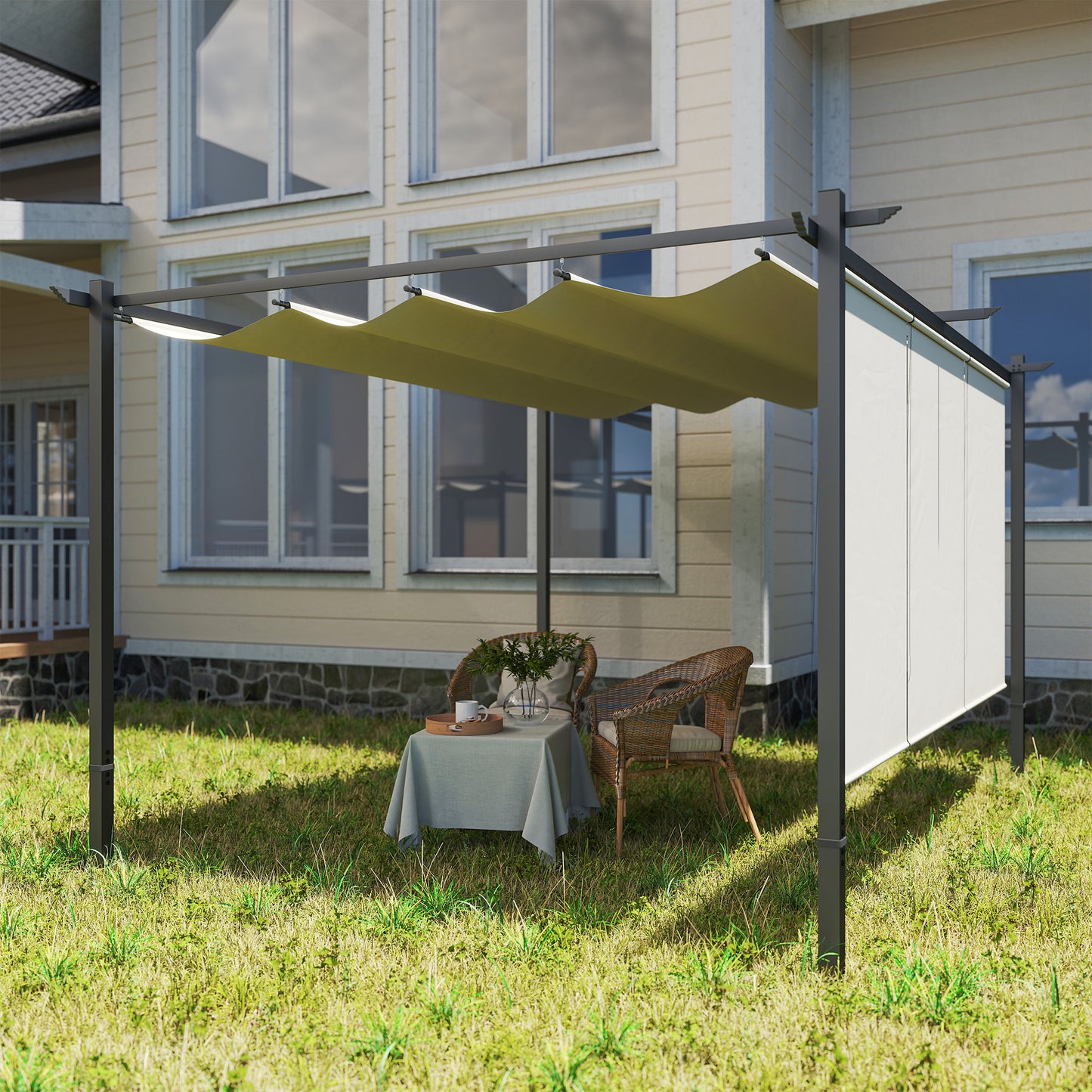 Outsunny 3x4m Metal Pergola With Retractable Roof And Roller Shade Free Standing Outdoor Gazebo Kit UPF30 Plus Beige