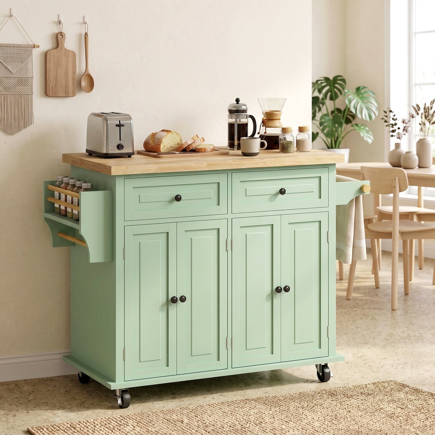 Homcom Rolling Kitchen Island Storage Cart With Rubber Wood Top Light Green