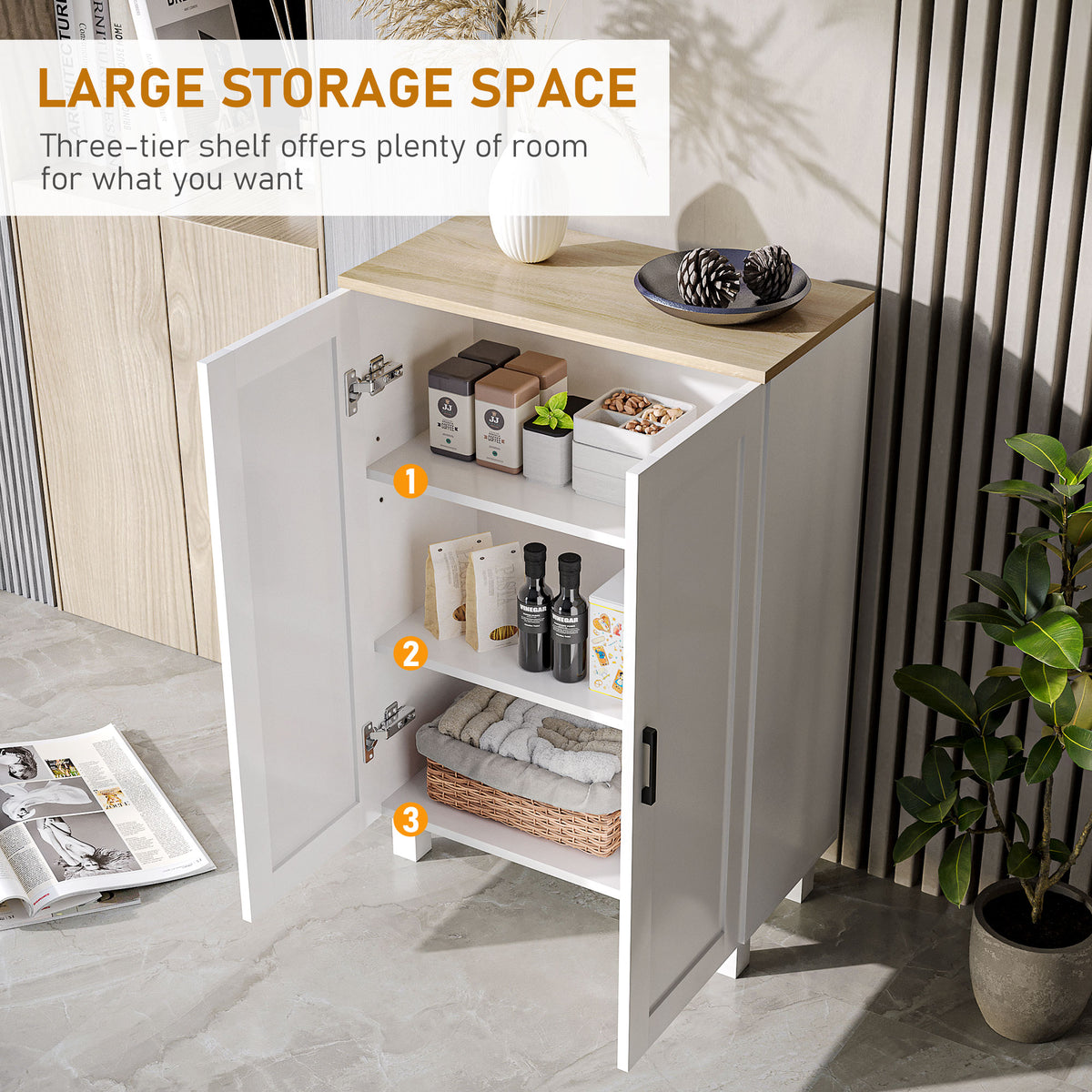 White sideboard with two open doors and three-tier adjustable shelving
