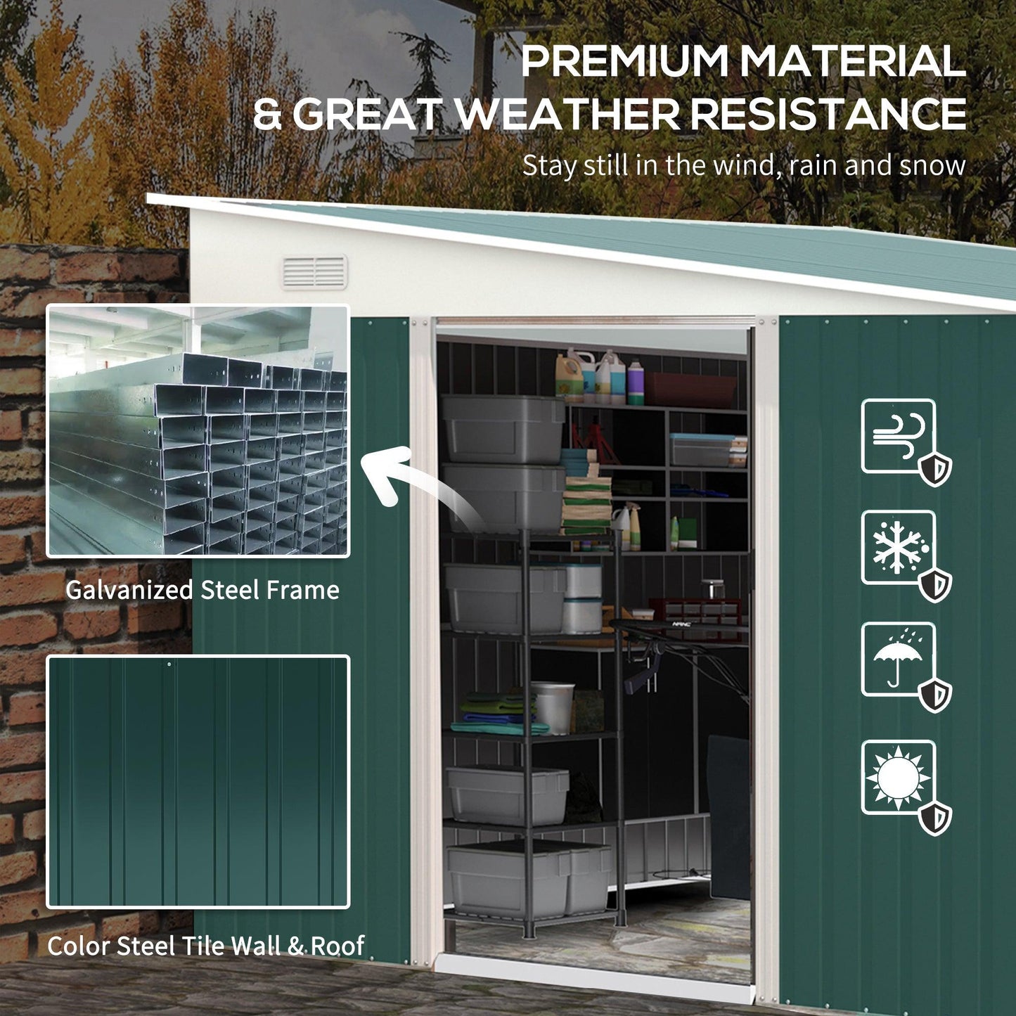 Outsunny 11.3x9.2ft Steel Garden Storage Shed w/ Sliding Doors & 2 Vents, Green - ALL4U RETAILER LTD