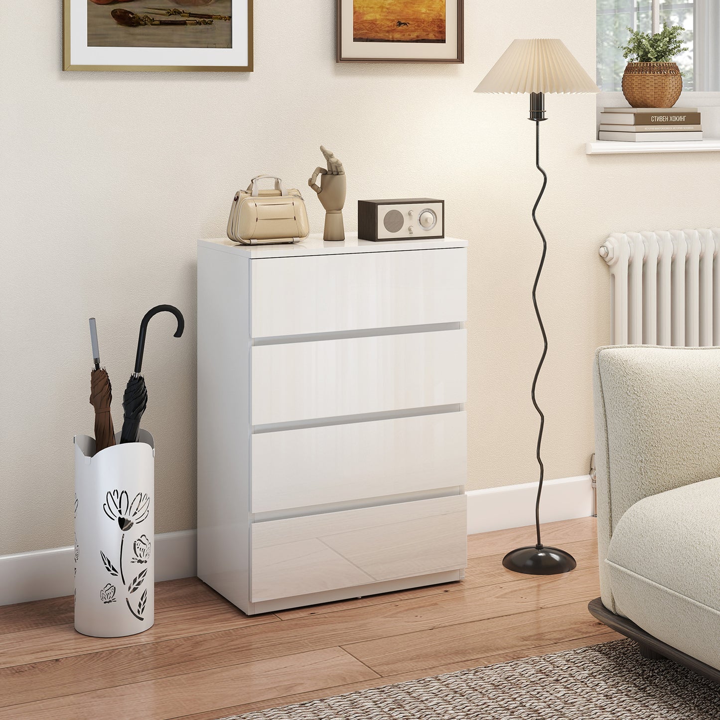 HOMCOM High Gloss Chest Of Drawers 4 Drawer Modern Dresser For Bedroom White Finish Durable And Space Saving