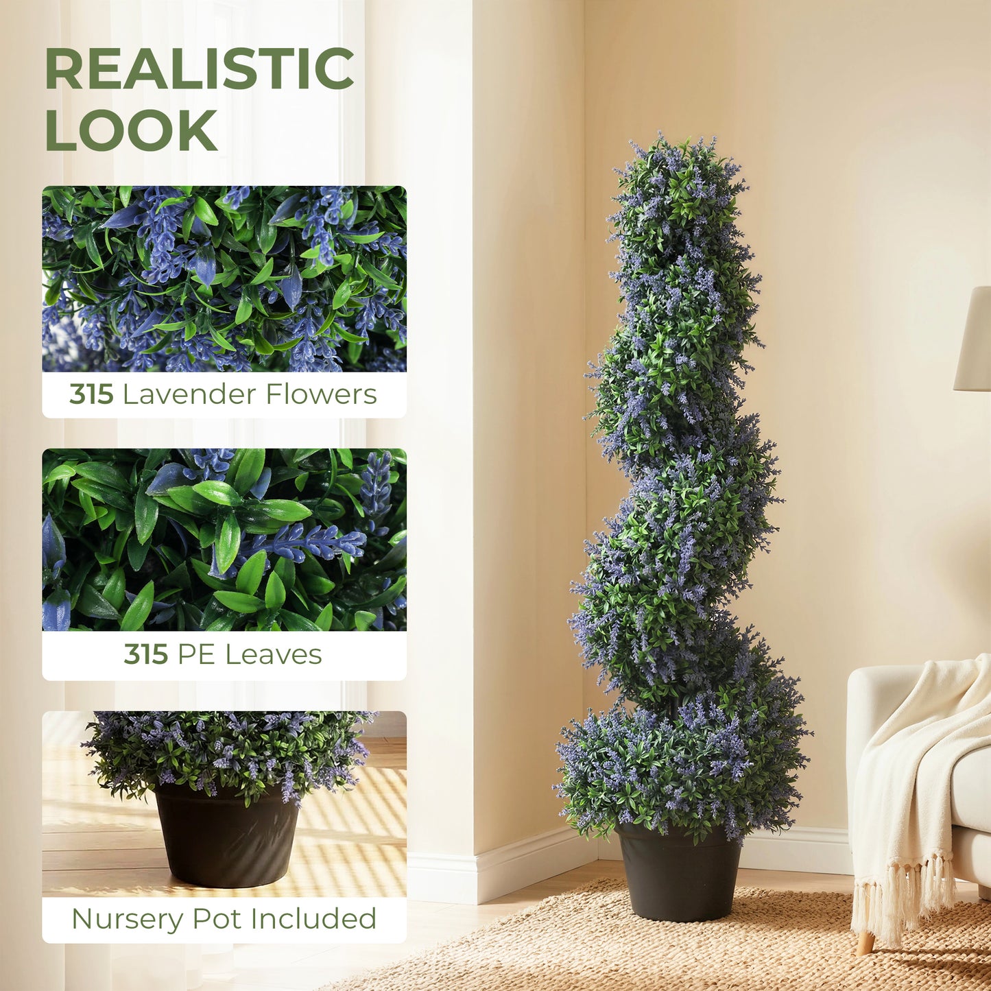 HOMCOM Artificial Lavender Topiary Set Of 2 UV Resistant Fake Plants In Pots For Indoor Outdoor Decor 90 Cm Purple