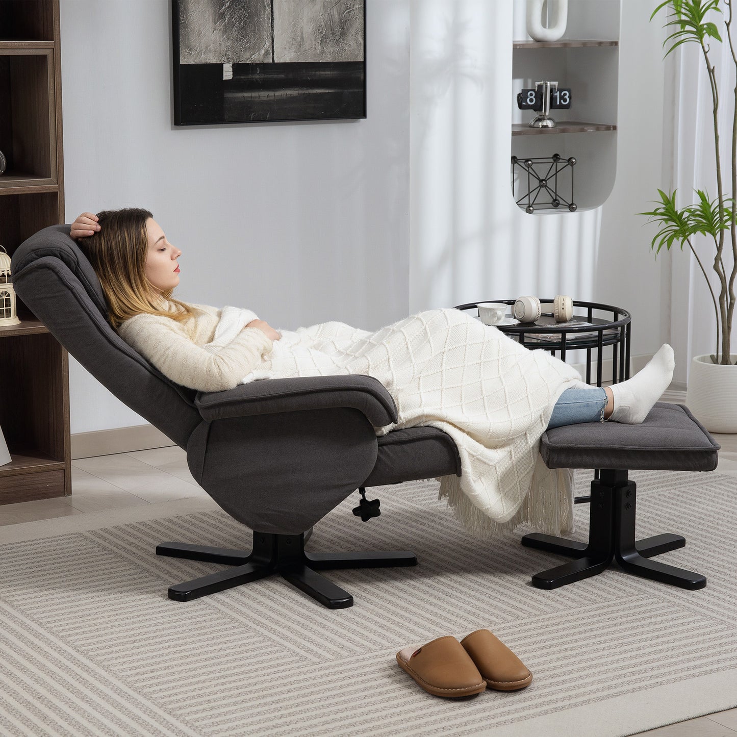 HOMCOM Charcoal Grey Velvet Swivel Recliner Chair With Footstool 135 Degree Recline For Living Room