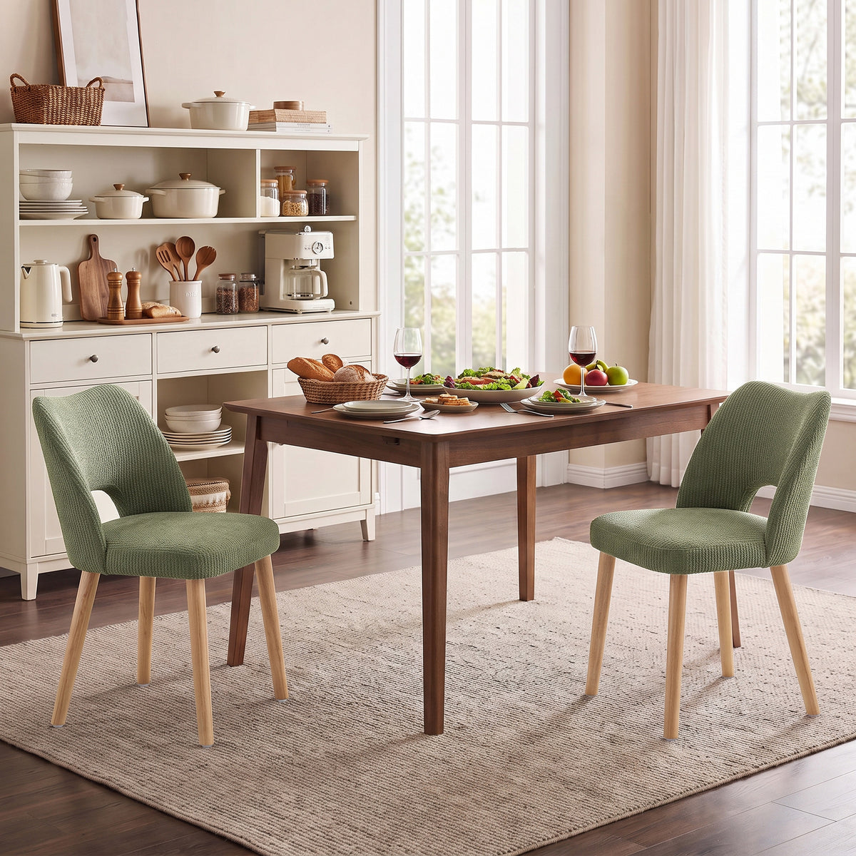 Set of 2 green chenille dining chairs with supportive backs and tapered wood legs