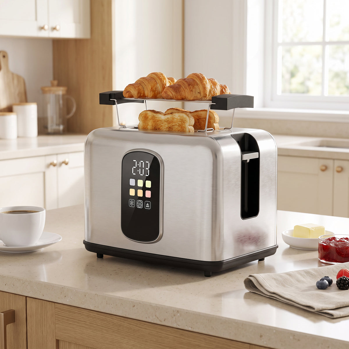 Stainless steel 2-slice toaster with LED touch panel and croissants in the slots