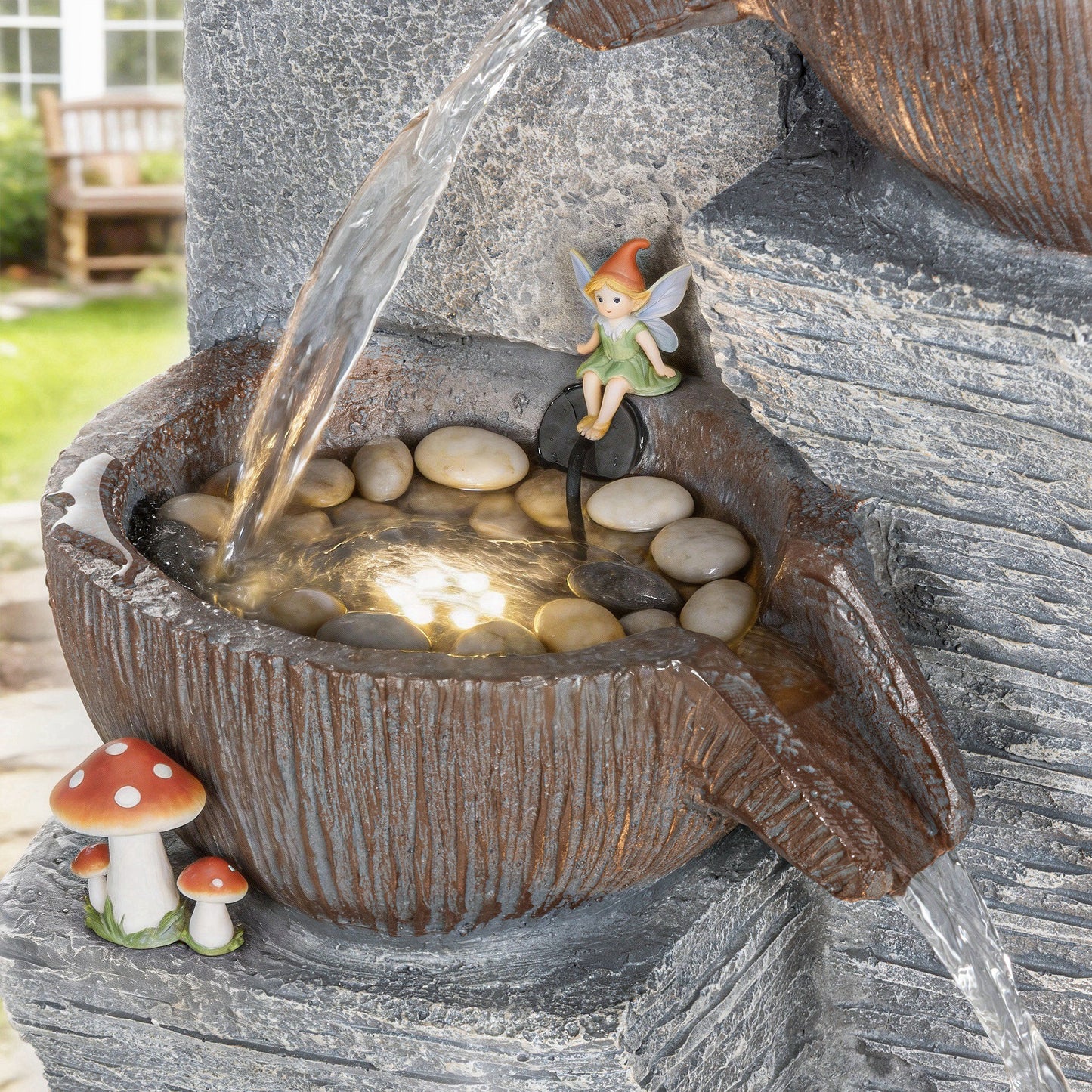 Outsunny Outdoor Fountain 5 Tier Garden Waterfall With LED Lights Adjustable Flow Grey And Rustic Brown