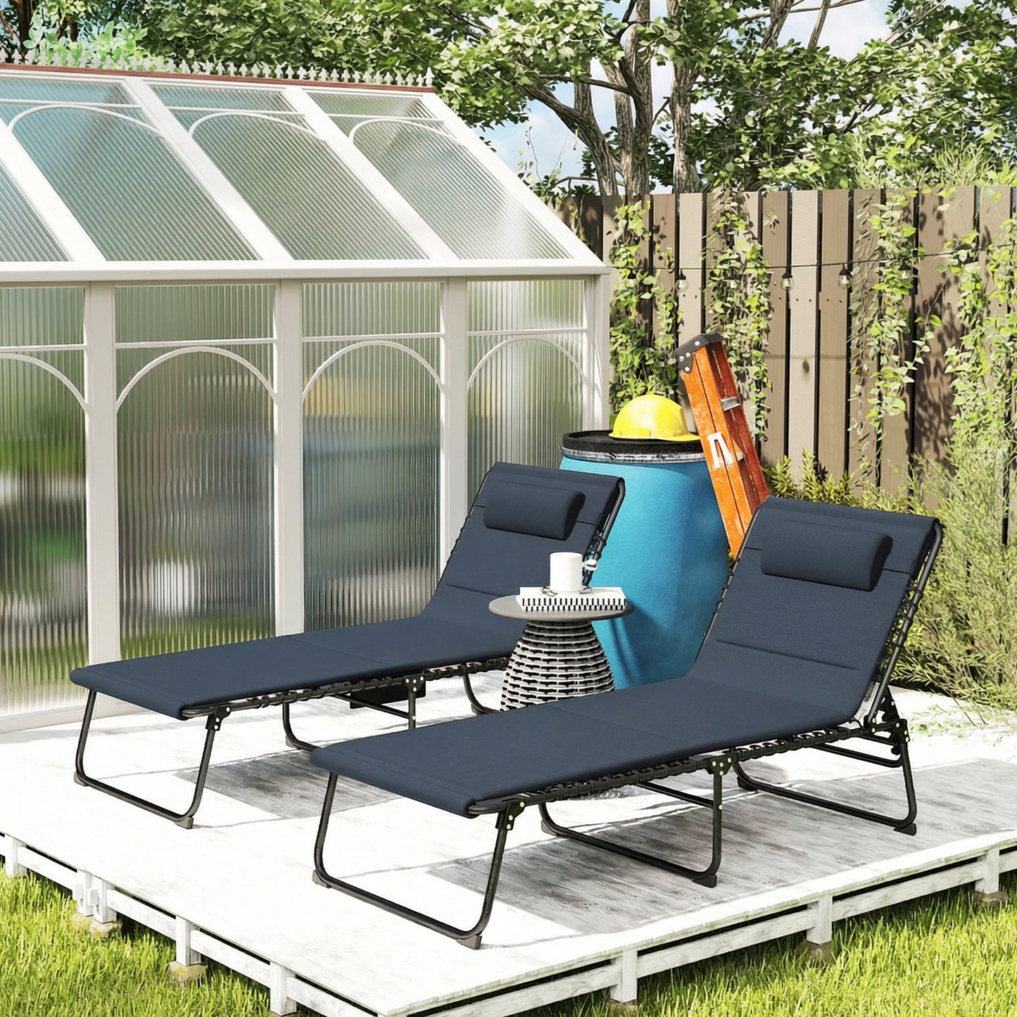 Outsunny Set Of Two Reclining Sun Loungers Dark Blue With Five Level Adjustable Backs And Side Pockets