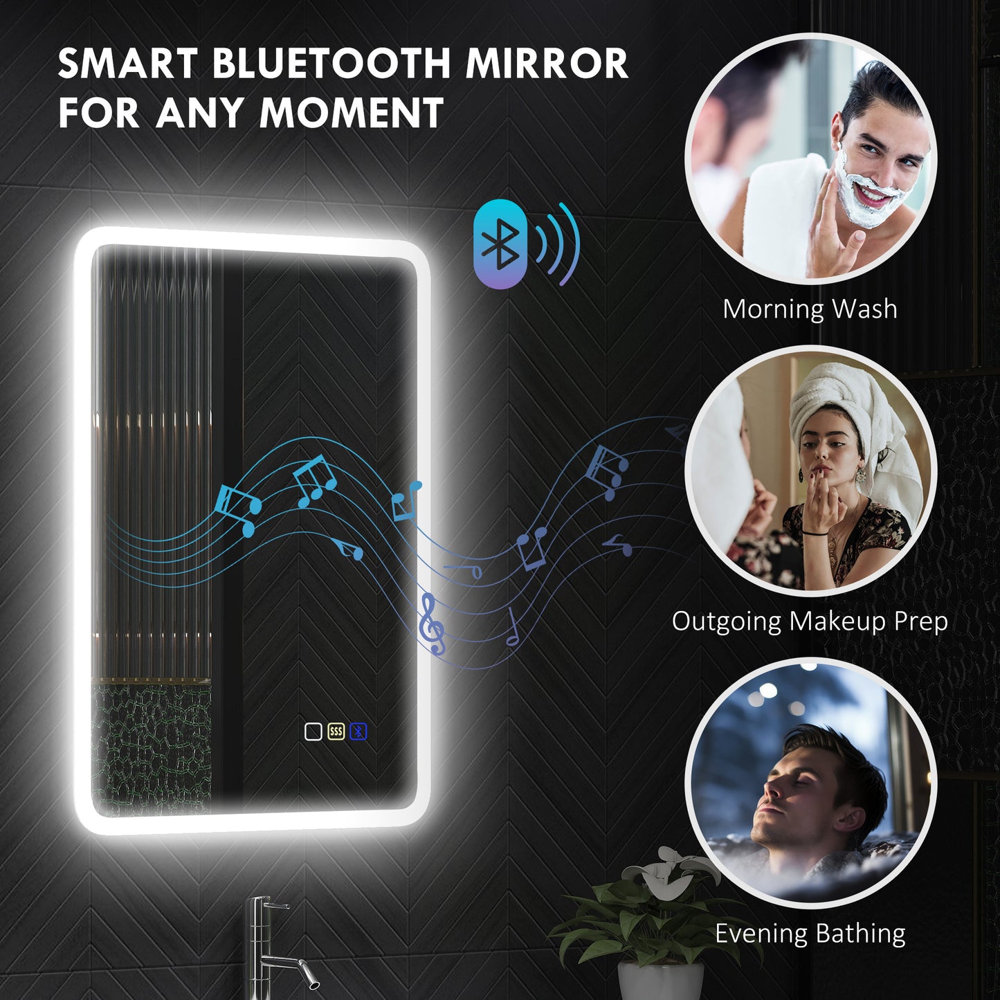 HOMCOM 70 x 50cm LED Bathroom Mirror With Bluetooth Demister Pad Adjustable Brightness Silver Tone