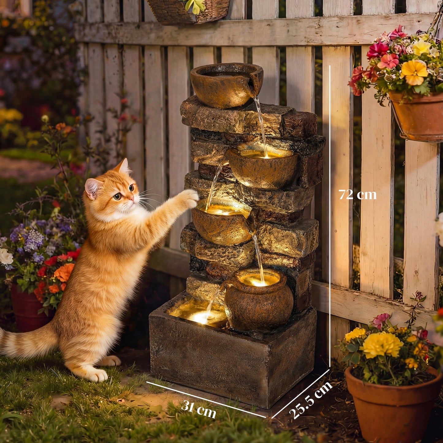 Outsunny 28 Inch 5 Tier Outdoor Fountain With Cascading Waterfall LED Lights Adjustable Flow Rustic Brown