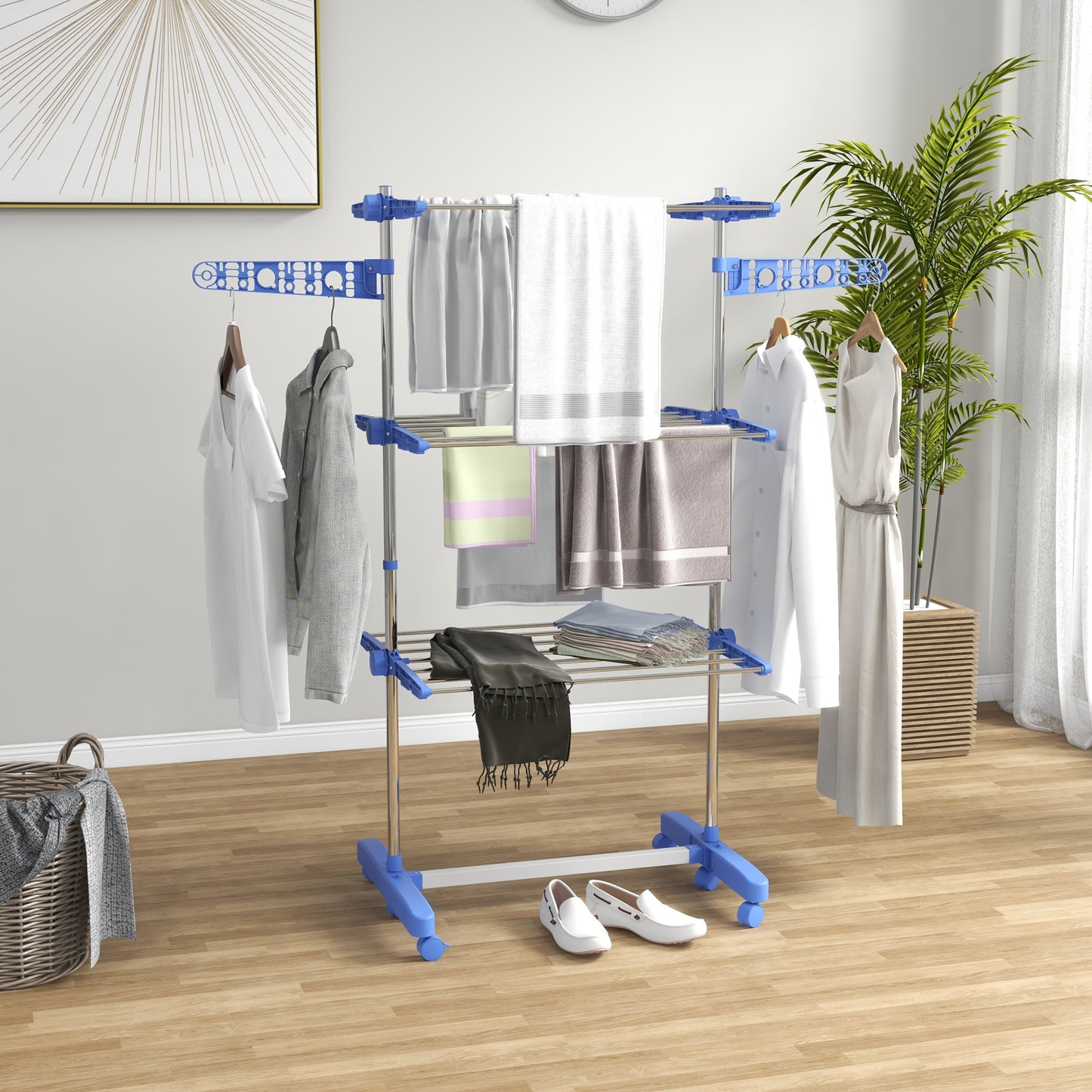HOMCOM Three Shelf Collapsible Clothes Horse With Side Arms And Wheels In Blue For Easy Drying