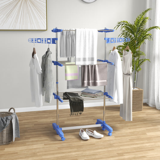 HOMCOM Three Shelf Collapsible Clothes Horse With Side Arms And Wheels In Blue For Easy Drying