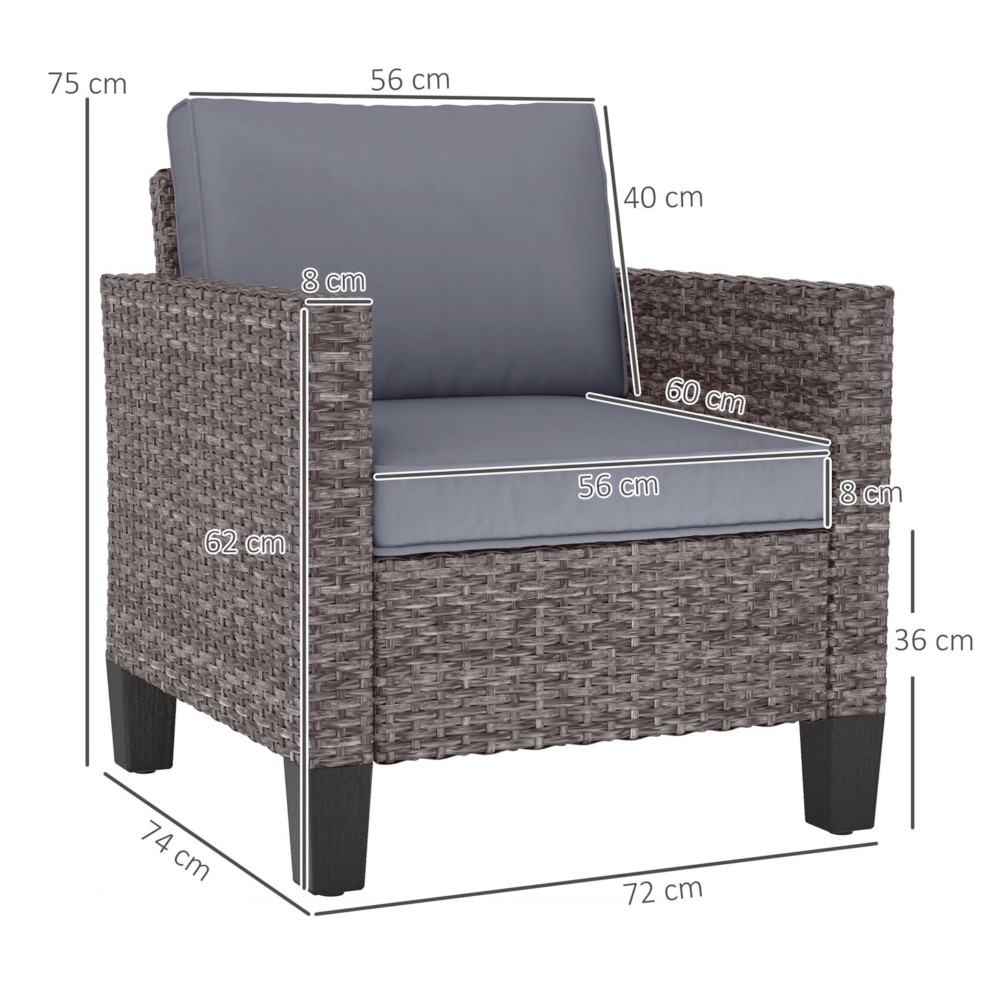 Outsunny Outdoor Single Rattan Armchair With Cushions Mixed Grey For Garden Patio