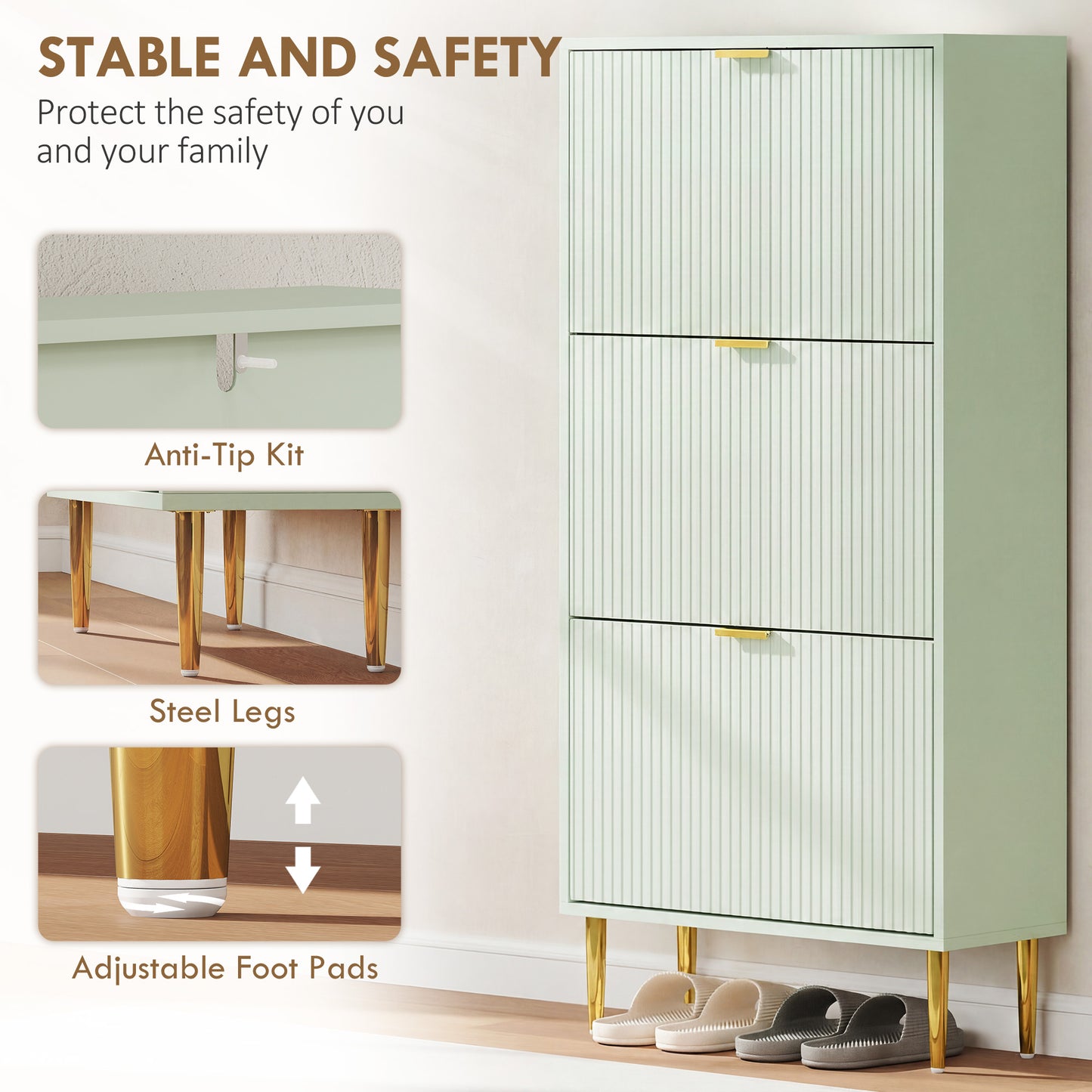 HOMCOM Elegant Three Drawer Shoe Cabinet Light Green With Ridged Front Doors And Gold Tone Details