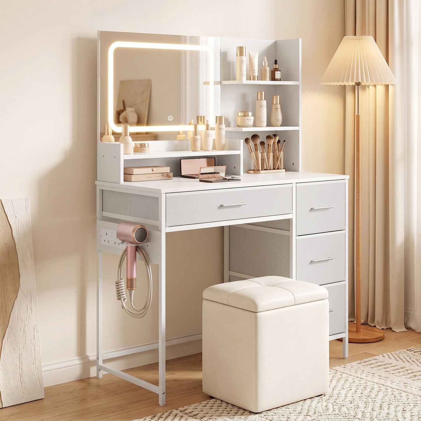 HOMCOM Vanity Desk With LED Mirror, 4 Drawers, 5 Shelves, Power Outlet