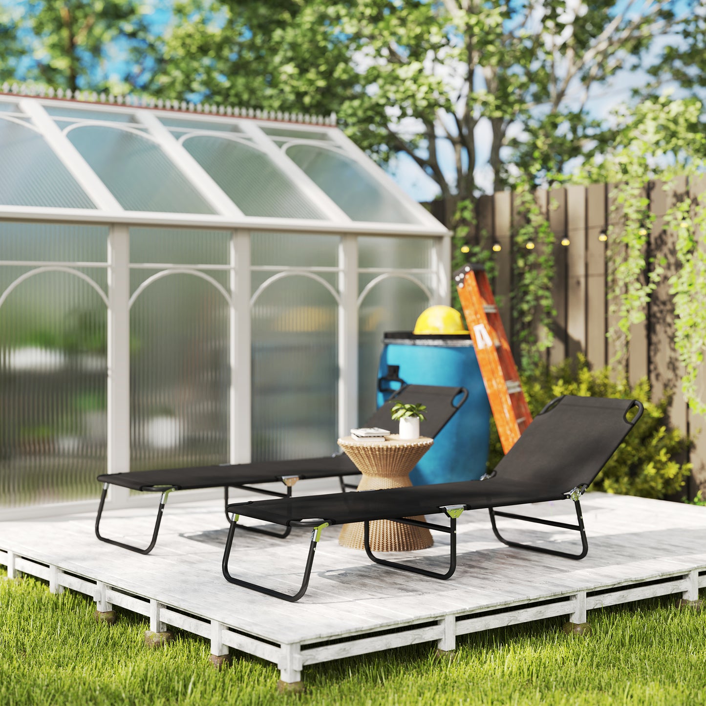 Outsunny Garden Sun Lounger With Five Position Backrest Adjustable Folding Black Metal Frame