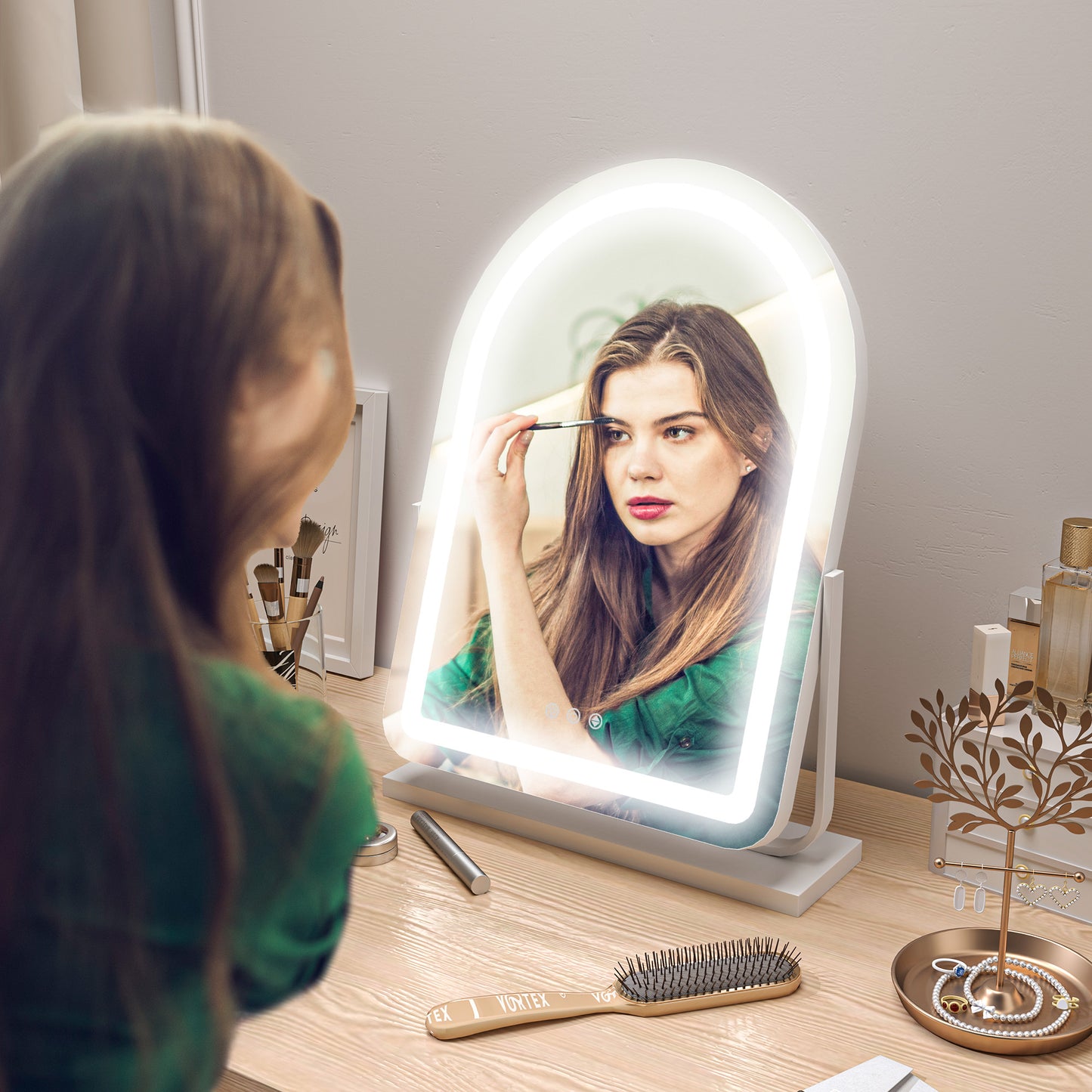 HOMCOM 43 By 59 Cm LED Vanity Mirror White With Adjustable Brightness And 360 Degree Rotating Base Three Color LED