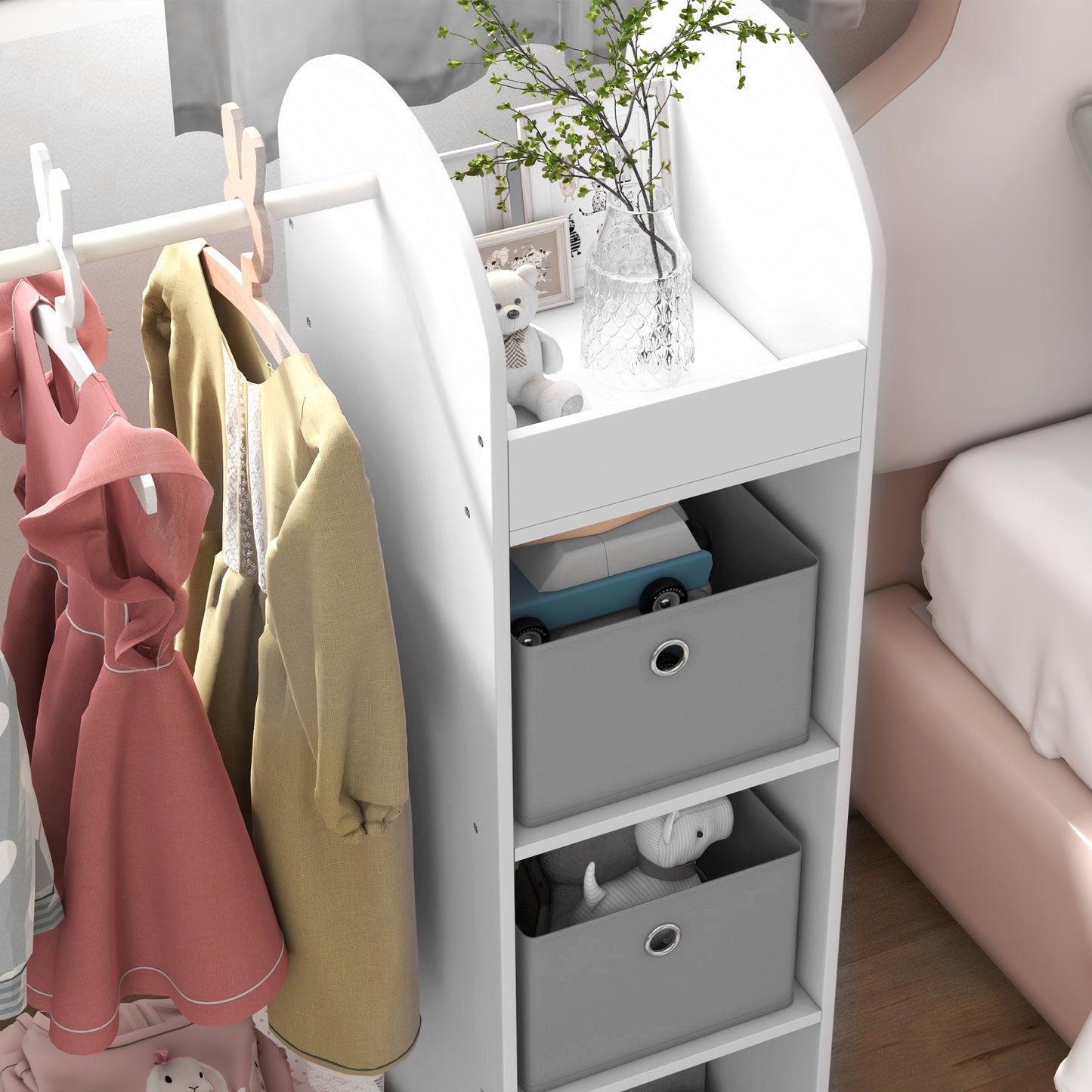 AIYAPLAY Kids Clothes Rail Wardrobe With Storage Shelf And Boxes Mirror For Bedroom And Nursery White