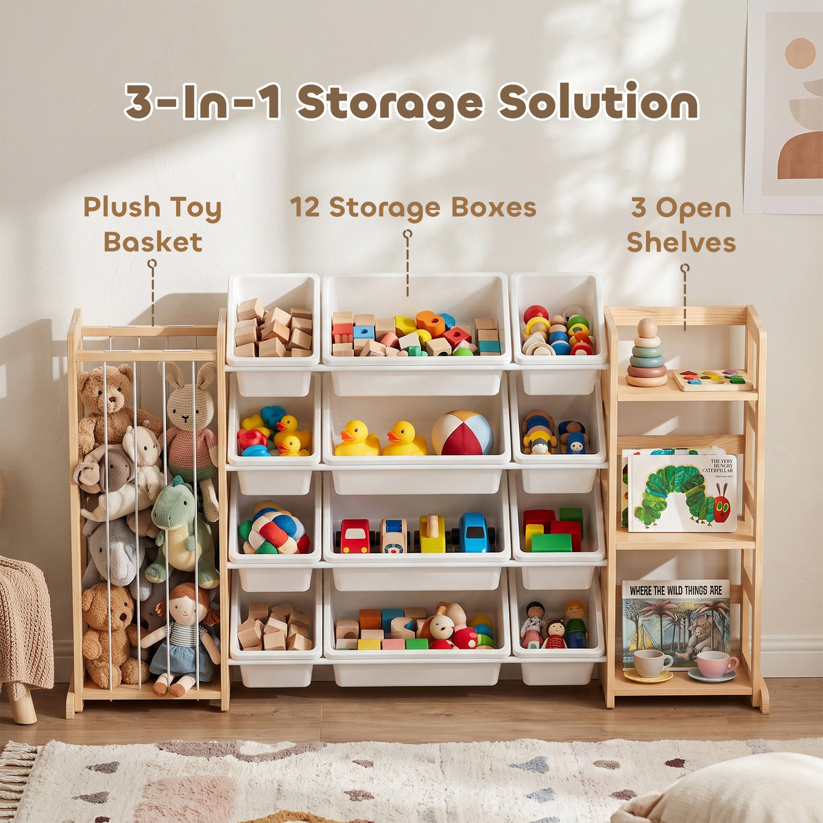 AIYAPLAY 3-in-1 wooden toy storage with 12 white storage boxes and open shelves