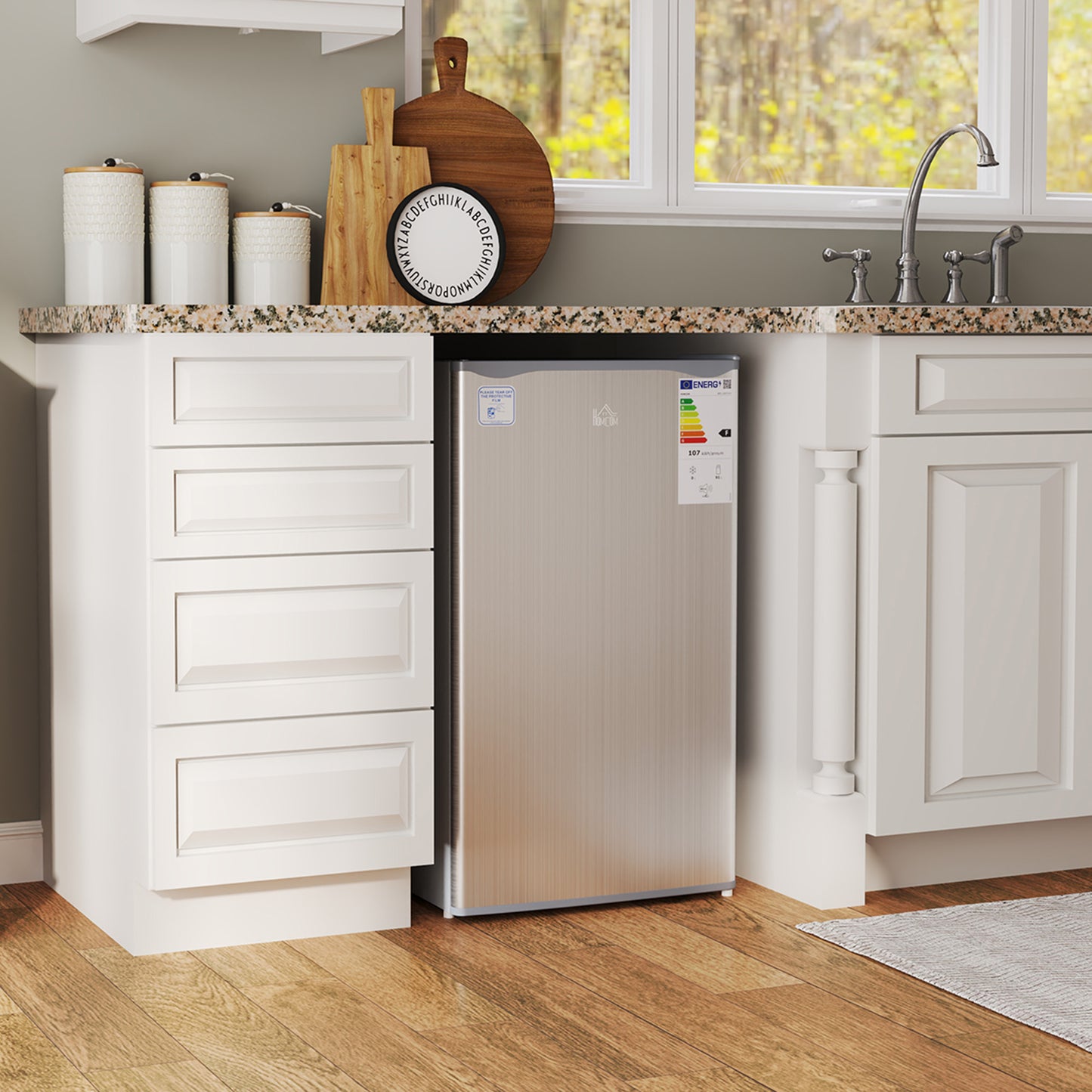 HOMCOM 91L Freestanding Under Counter Fridge With Lock Grey Ideal For Small Kitchens Bedrooms And Offices