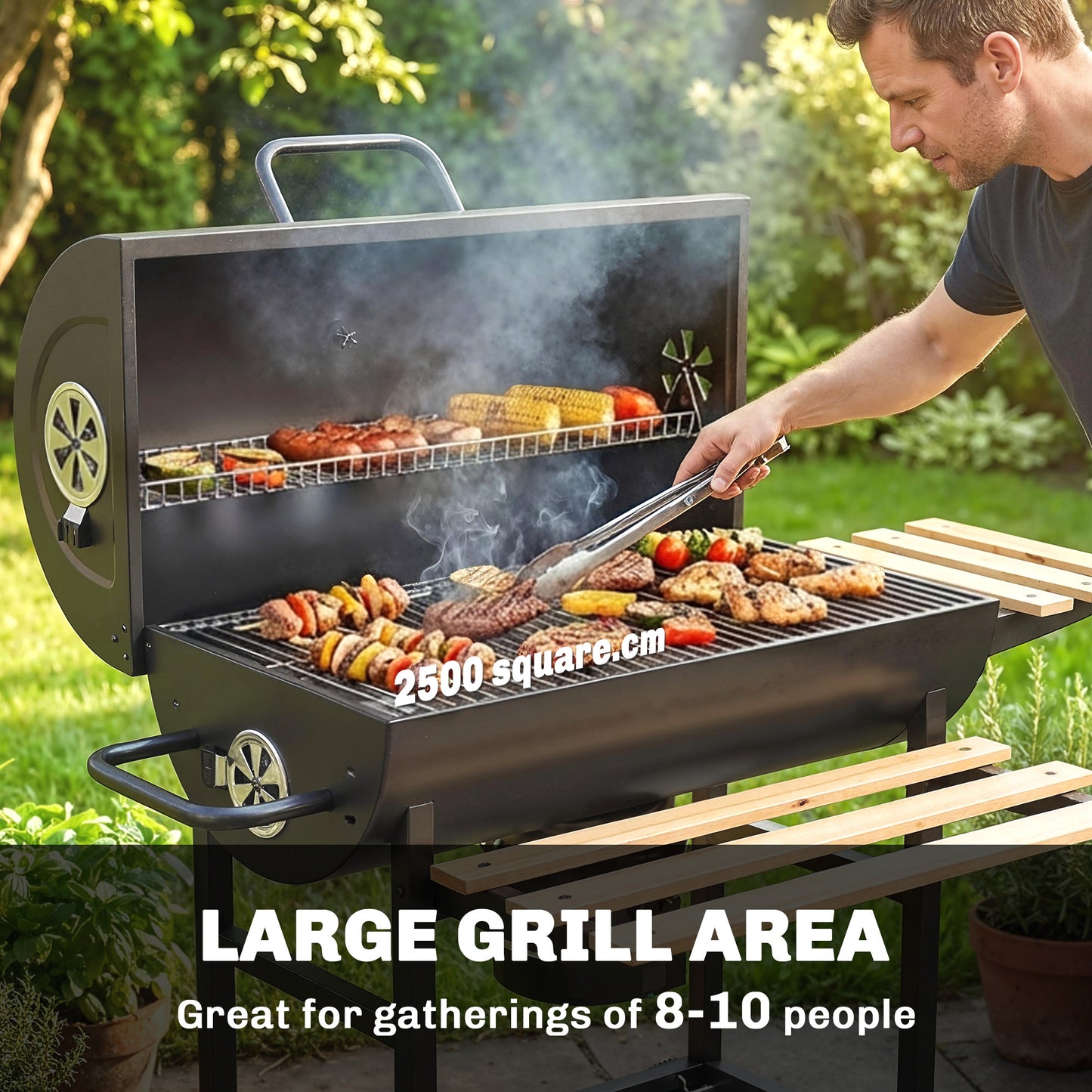 Outsunny Charcoal Grill Barrel BBQ Smoker With Warming Rack And Foldable Shelves Natural Wood And Black