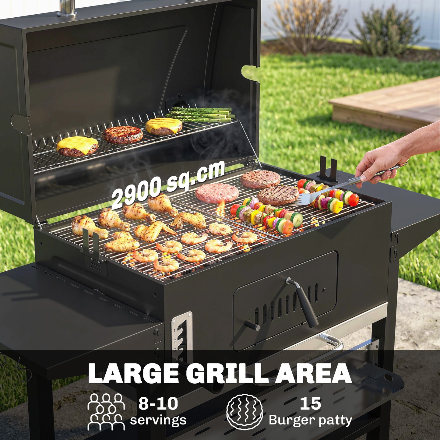 Outsunny Charcoal BBQ Grill Smoker With Electric Rotisserie Kit Portable Barbecue Grill Warming Rack Black
