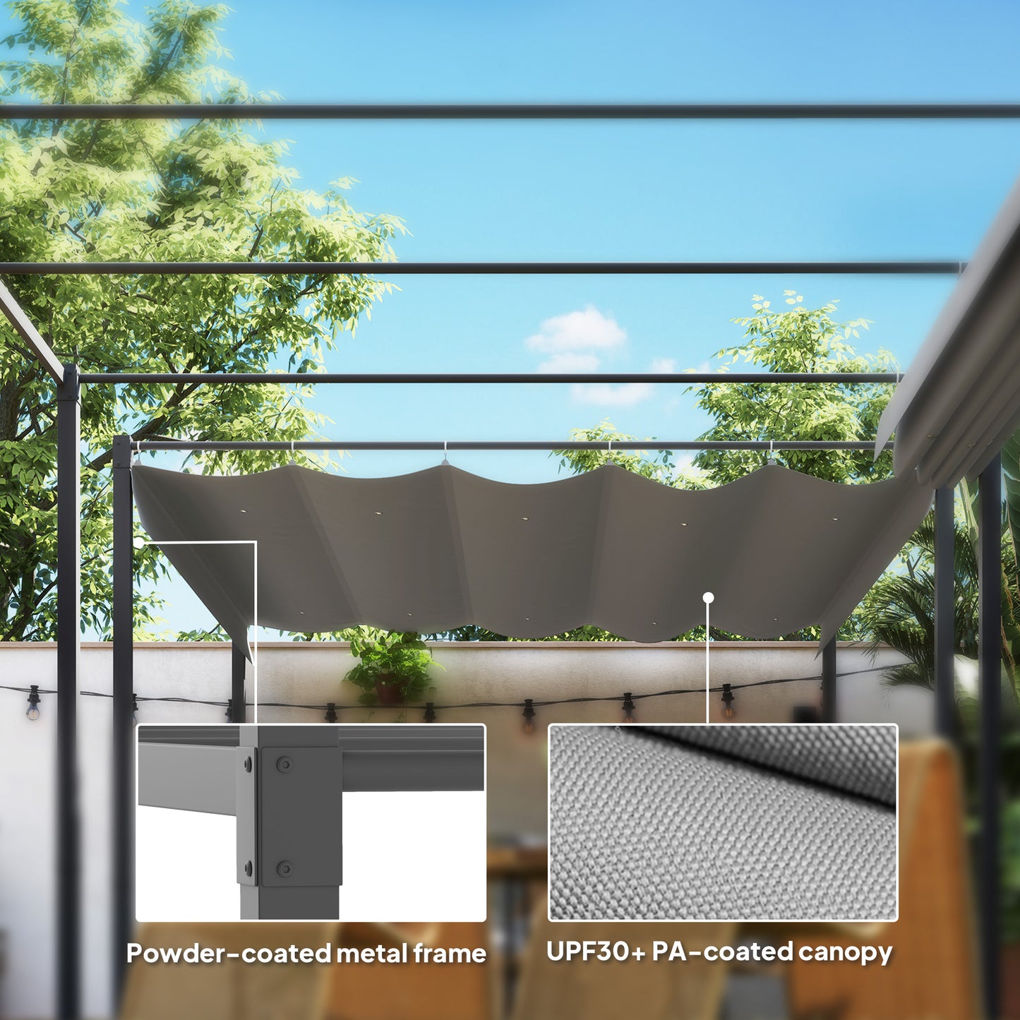 Outsunny 3 x 3m Retractable Roof Metal Pergola Grey With Adjustable Canopy For Shaded Garden Relaxation
