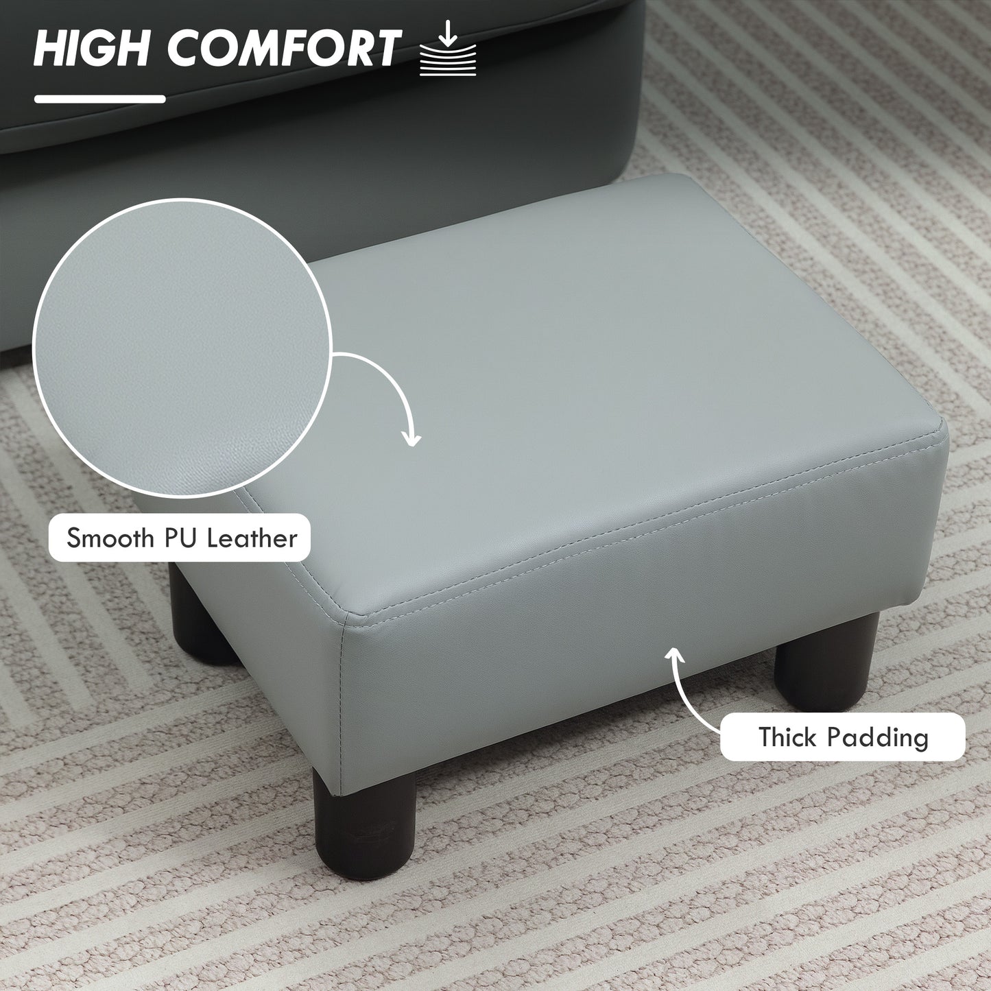 Homcom Pu Leather Footstool With Four Plastic Legs Grey Cushioned Stool For Living Room Supports Up To 110kg