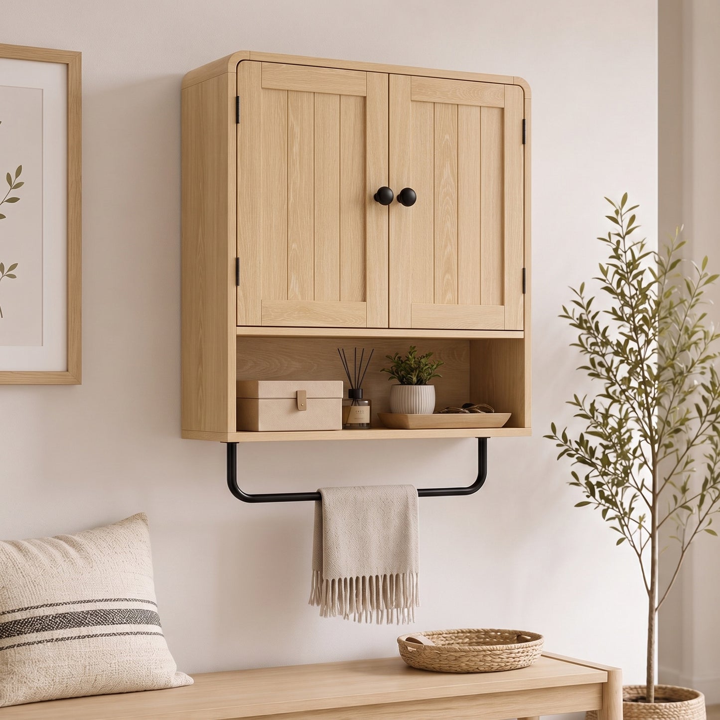 HOMCOM Oak Finish Wall Mounted Bathroom Cabinet With Two Doors And Adjustable Shelf Storage