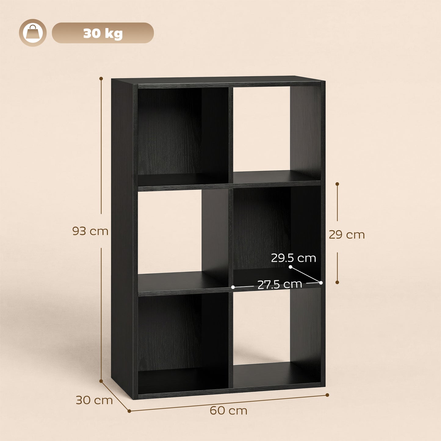 HOMCOM Industrial Style Storage Shelf Bookcase With 6 Compartments For Living Room And Home Study Black Wood Effect