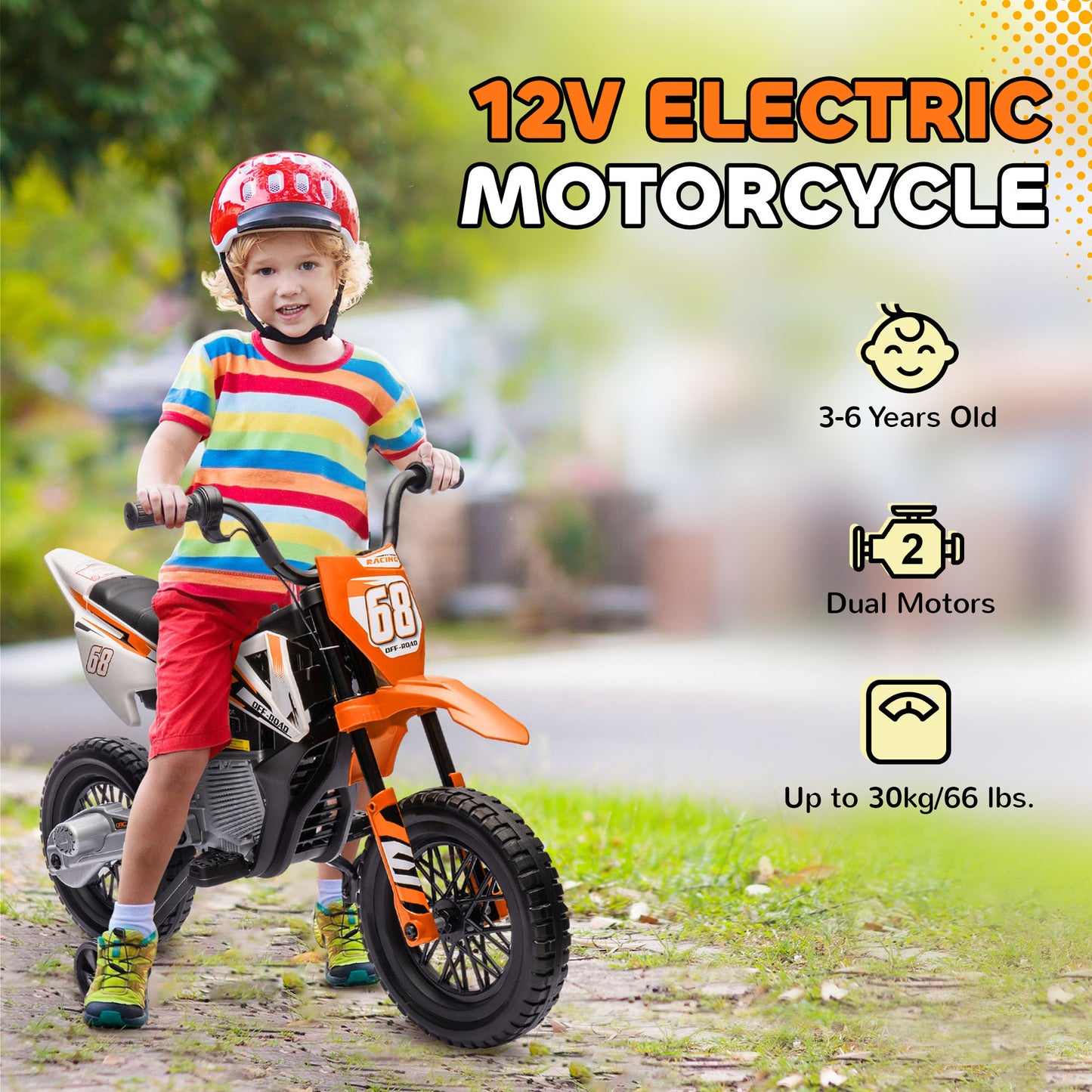 AIYAPLAY 12V Electric Kids Motorbike with Training Wheels and Music - Orange