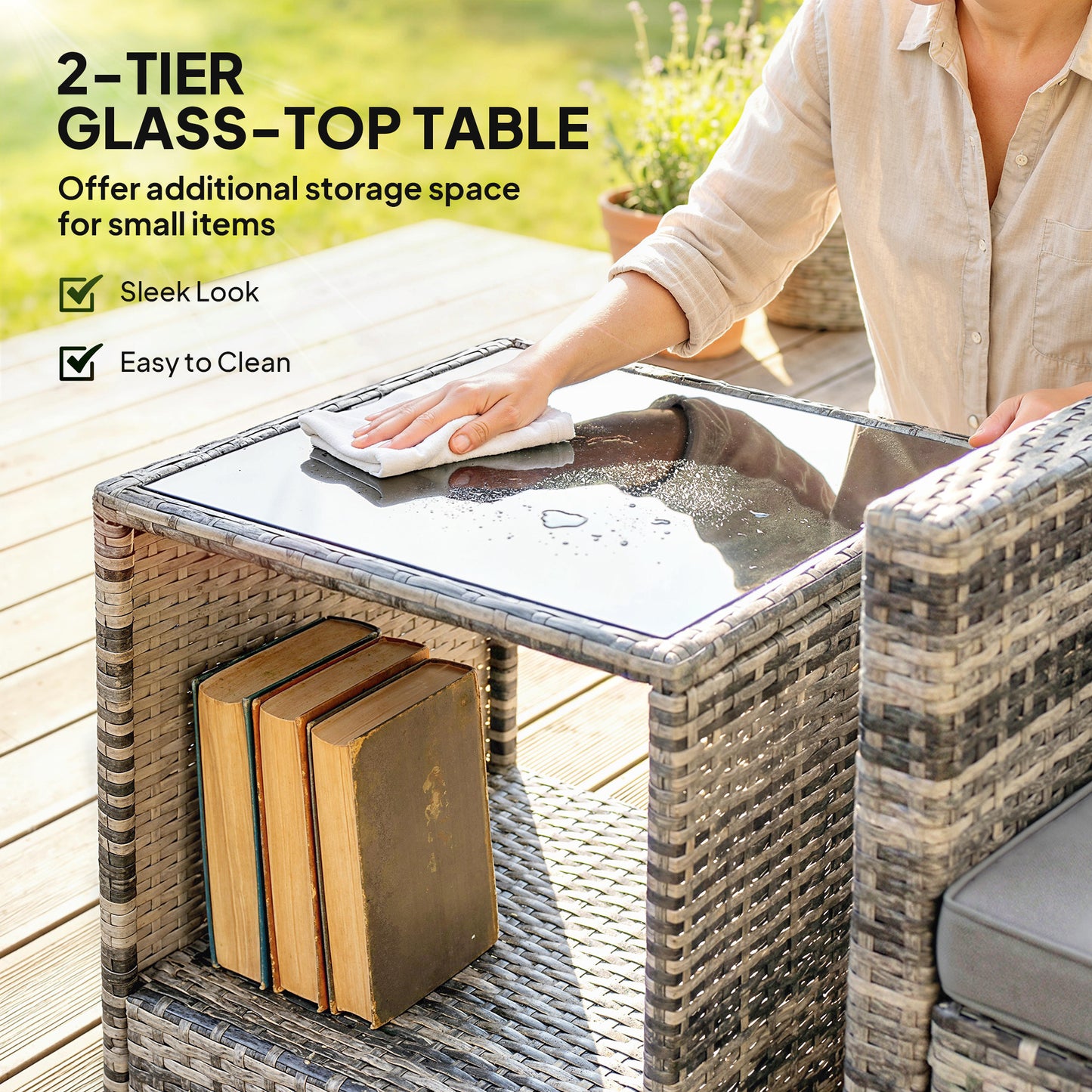Outsunny Rattan Bistro Set 3 Piece Garden Furniture With 2 Tier Glass Top Table And Cushions Mixed Grey