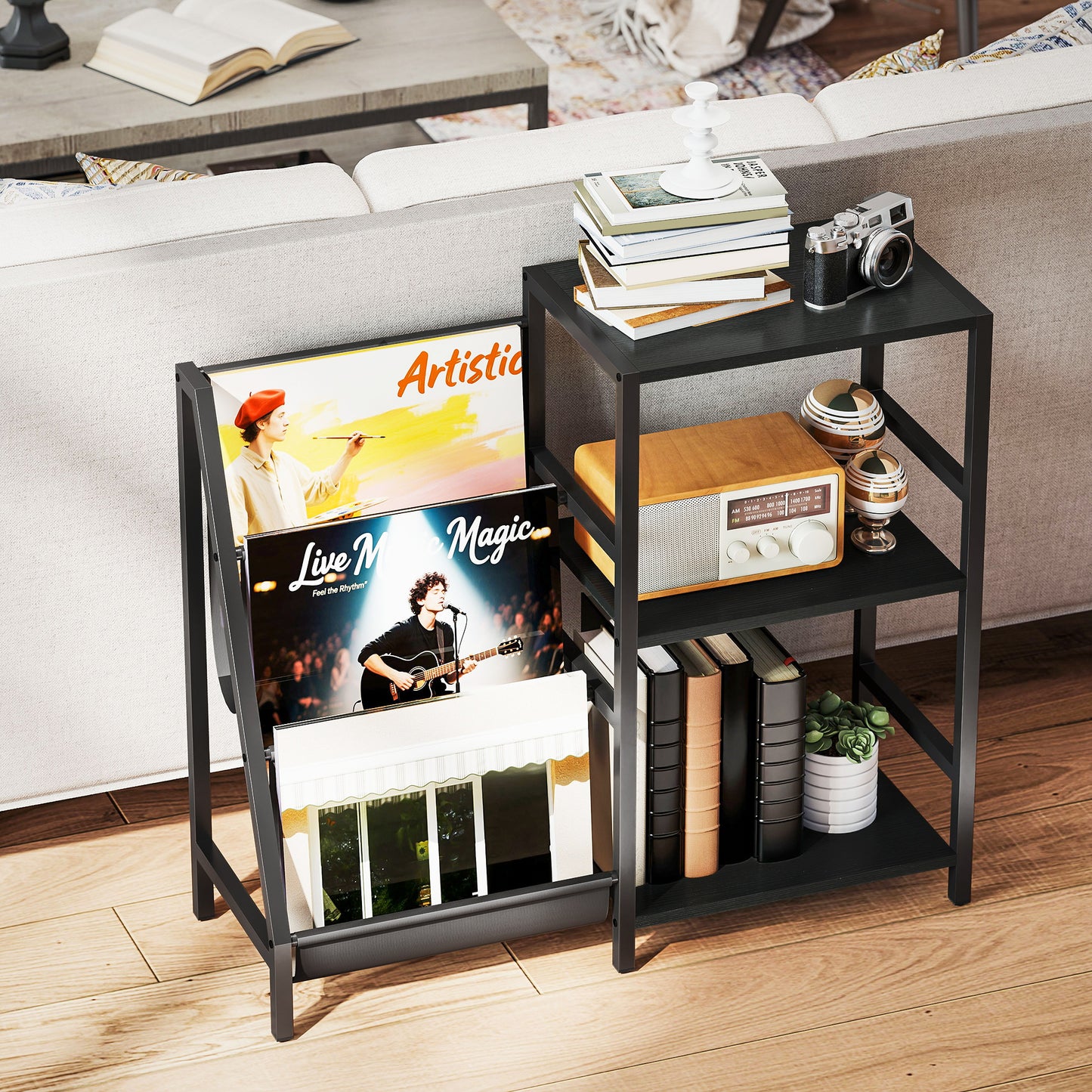 HOMCOM 3 Tier Record Player Stand End Table for Living Room and Bedroom Black Wood Effect