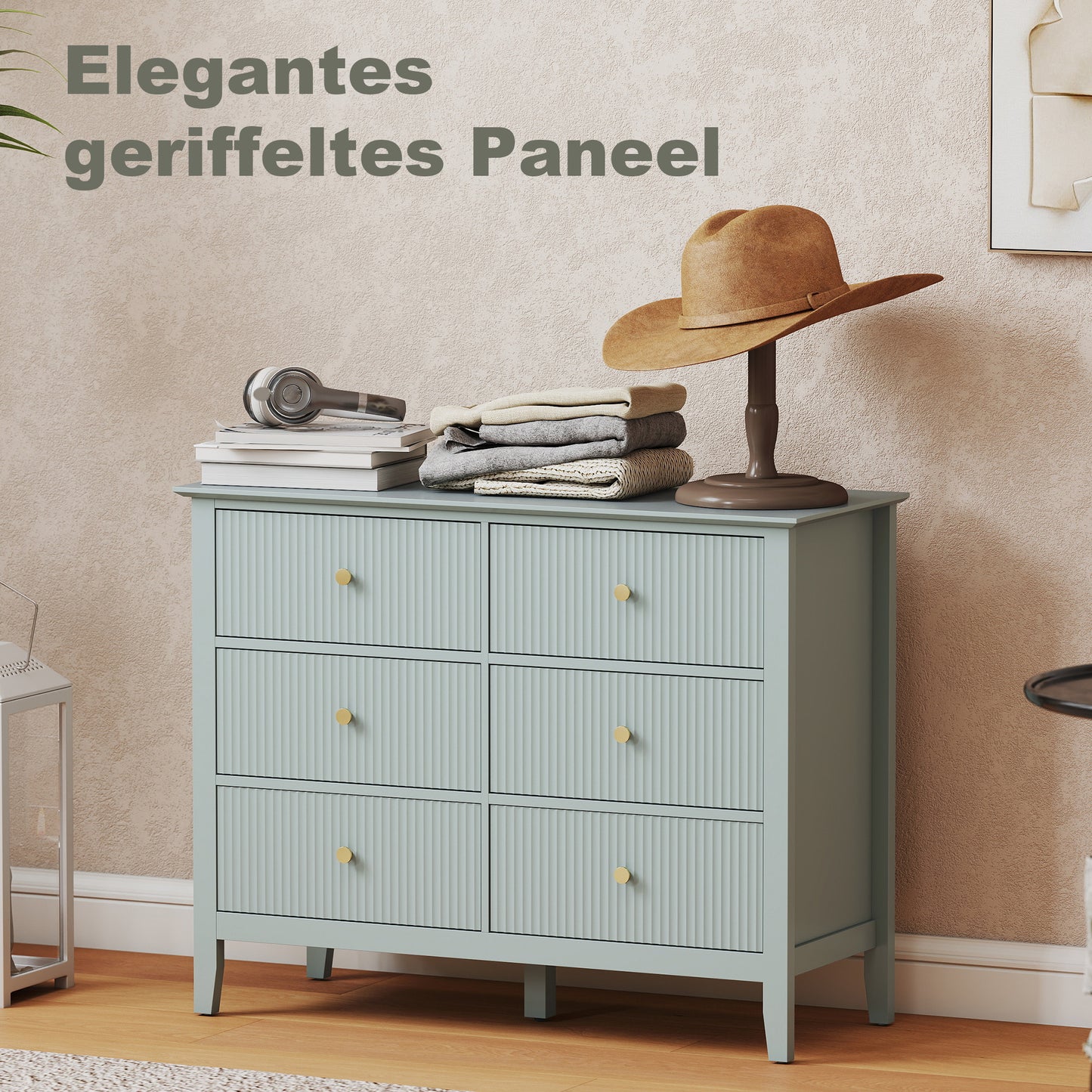 HOMCOM Fluted Dresser 6 Drawer Chest of Drawers for Bedroom Living Room Hallway Closet Green with Gold Tone Handles