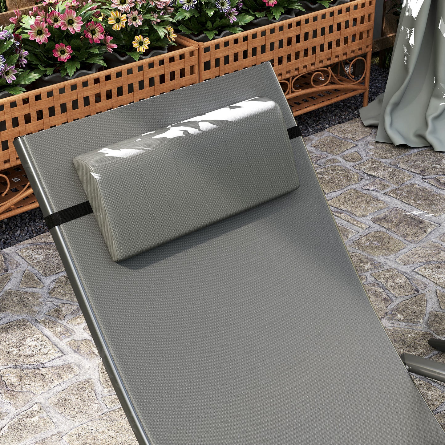 Outsunny Set of Two Adjustable Back Sun Loungers in Grey with Quick Dry Mesh and Head Pillows